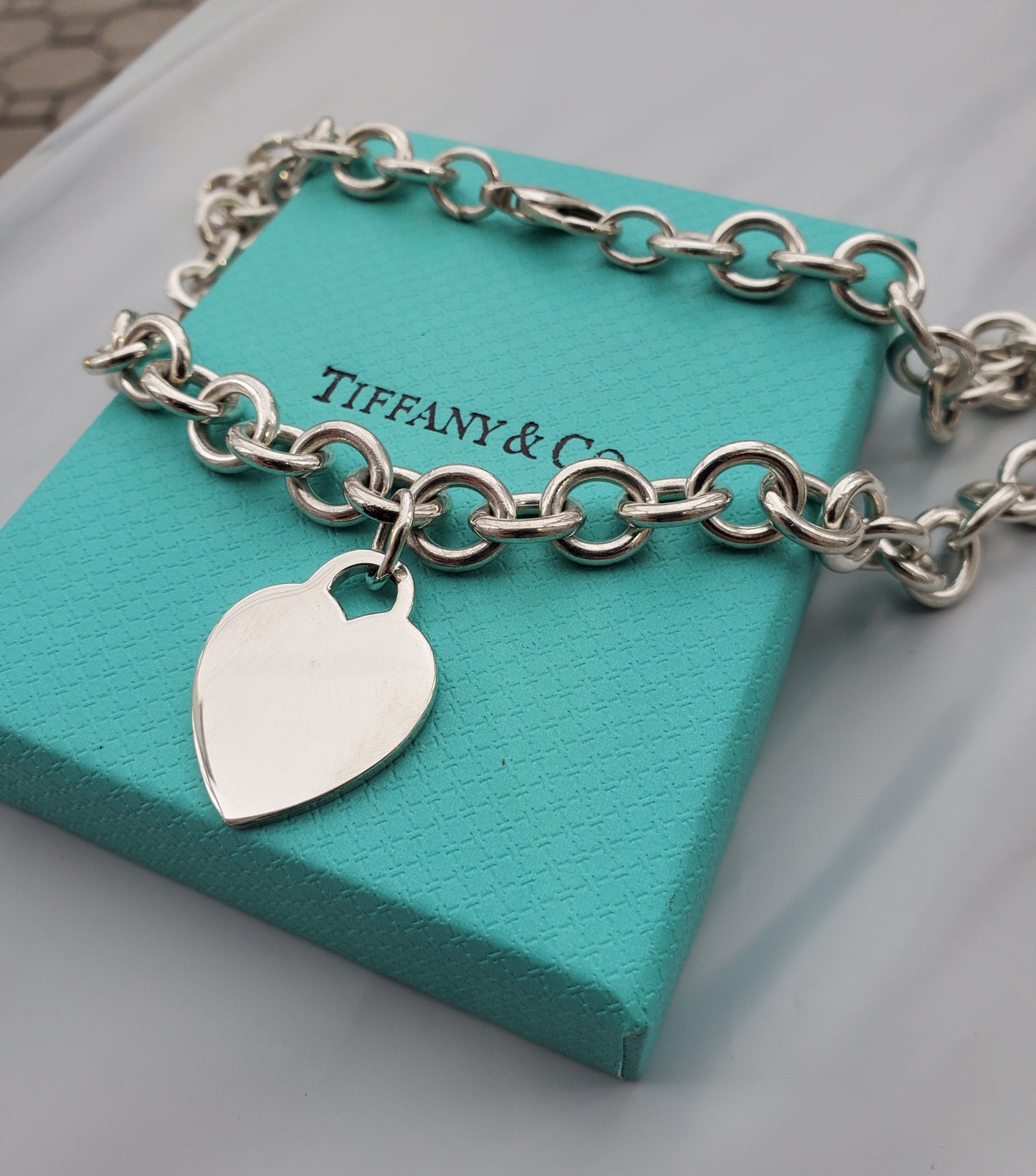 925 Sterling Silver Tiffany & Co. dangle heart tag chain link necklace