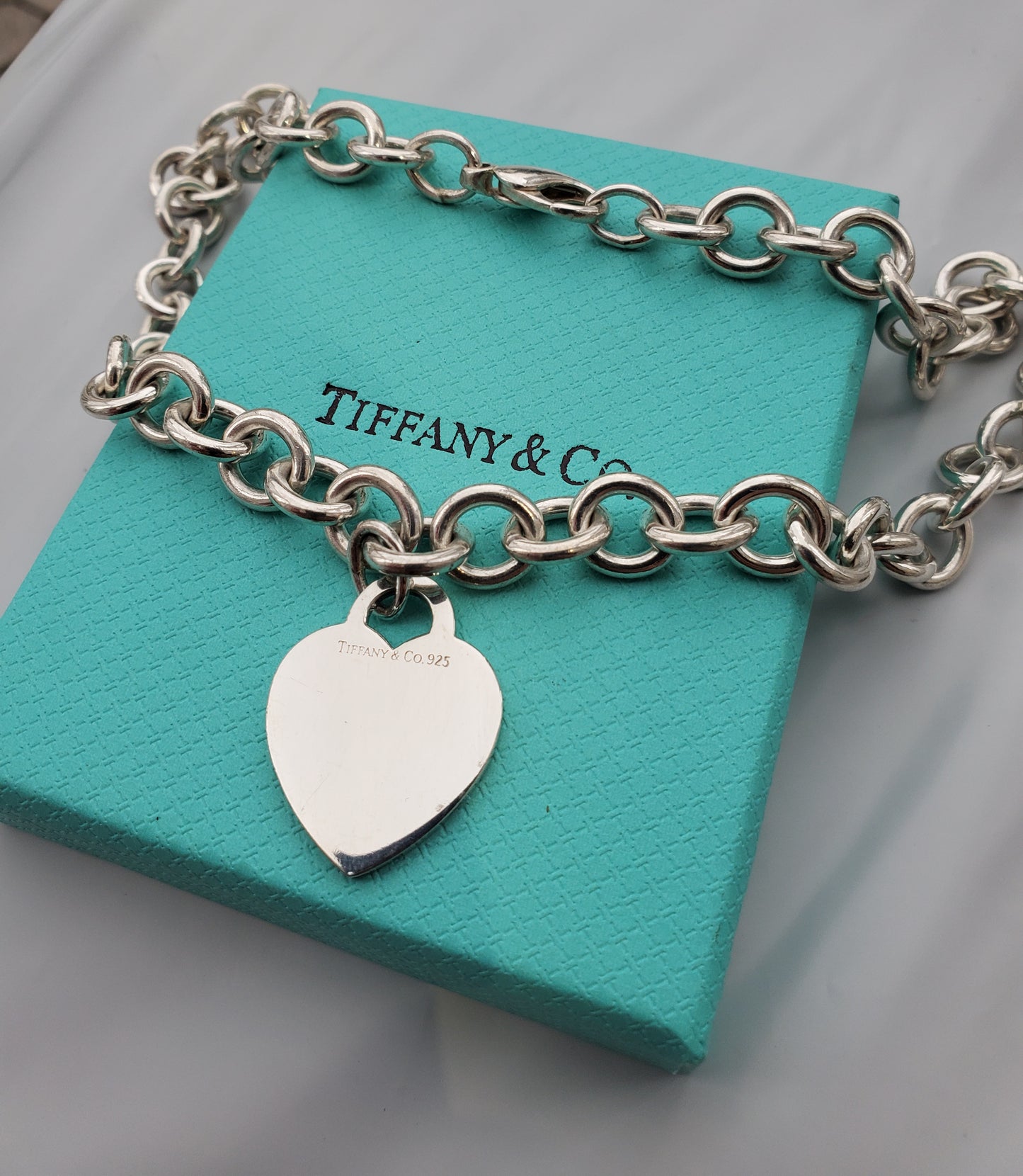 925 Sterling Silver Tiffany & Co. dangle heart tag chain link necklace