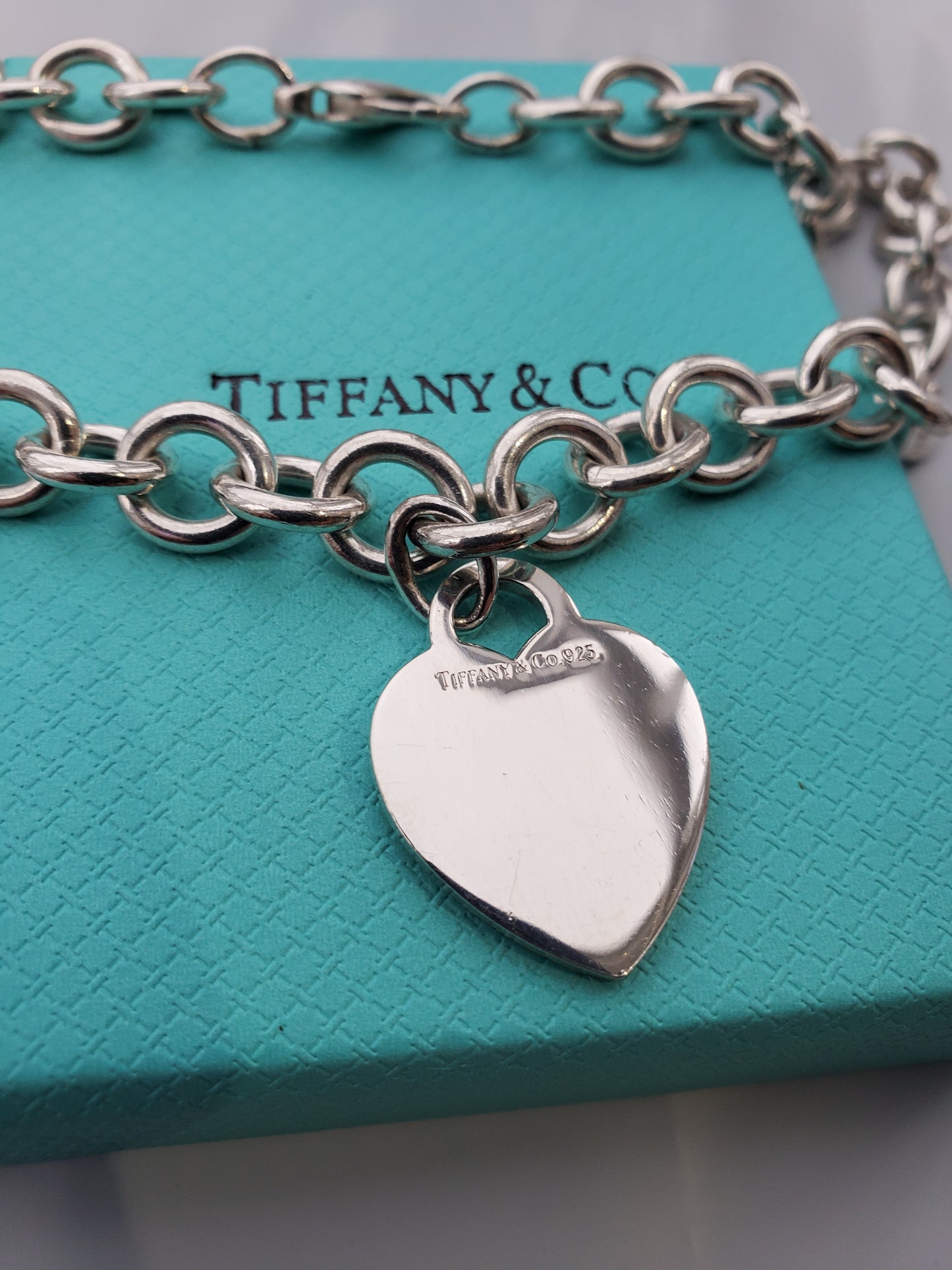 925 Sterling Silver Tiffany & Co. dangle heart tag chain link necklace