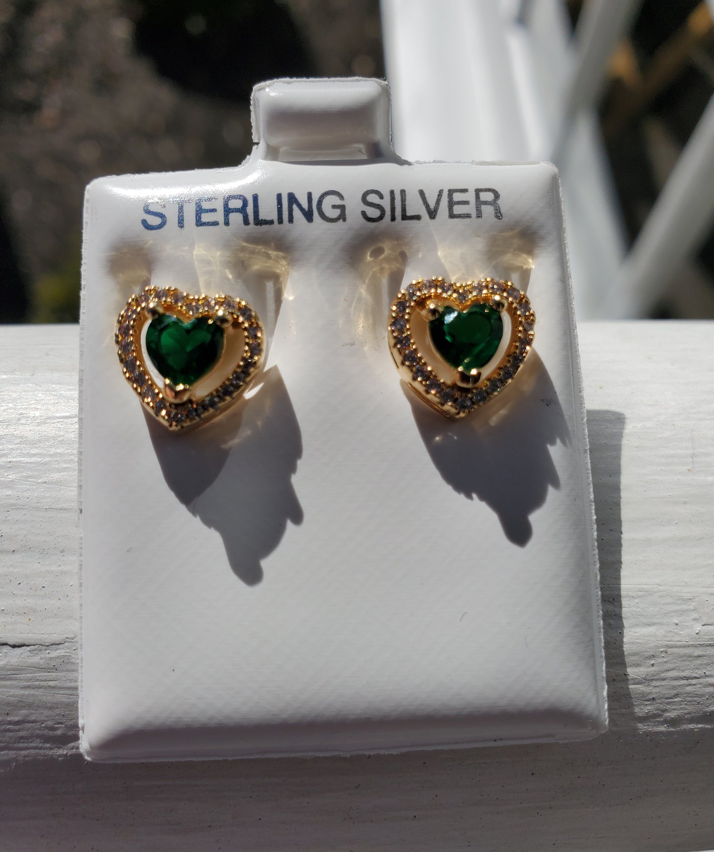 925 Sterling Silver Vermeil Simulated Emerald Elevated Heart Earrings