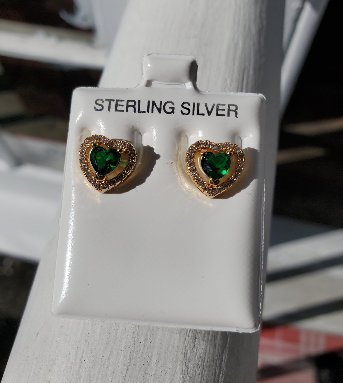 925 Sterling Silver Vermeil Simulated Emerald Elevated Heart Earrings