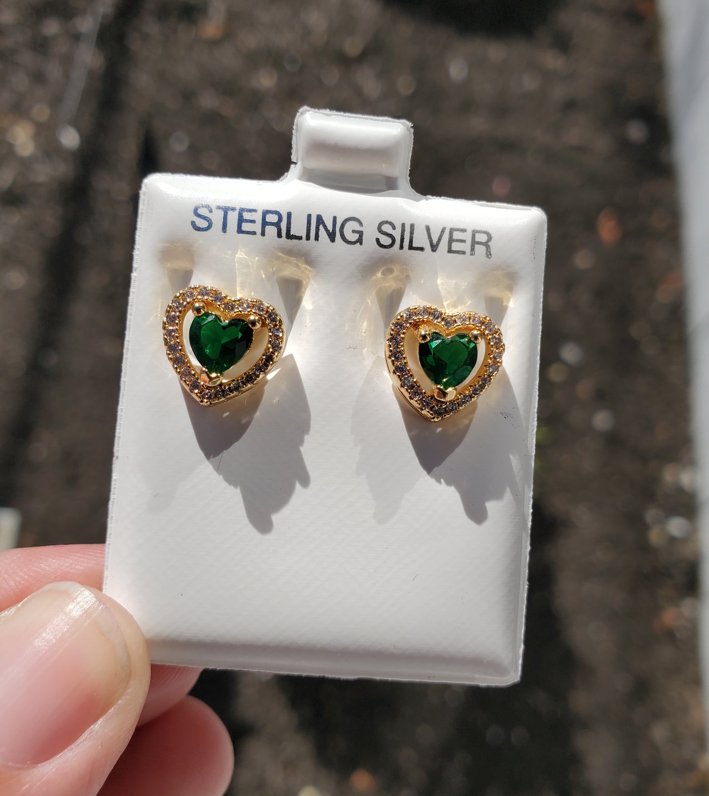 925 Sterling Silver Vermeil Simulated Emerald Elevated Heart Earrings