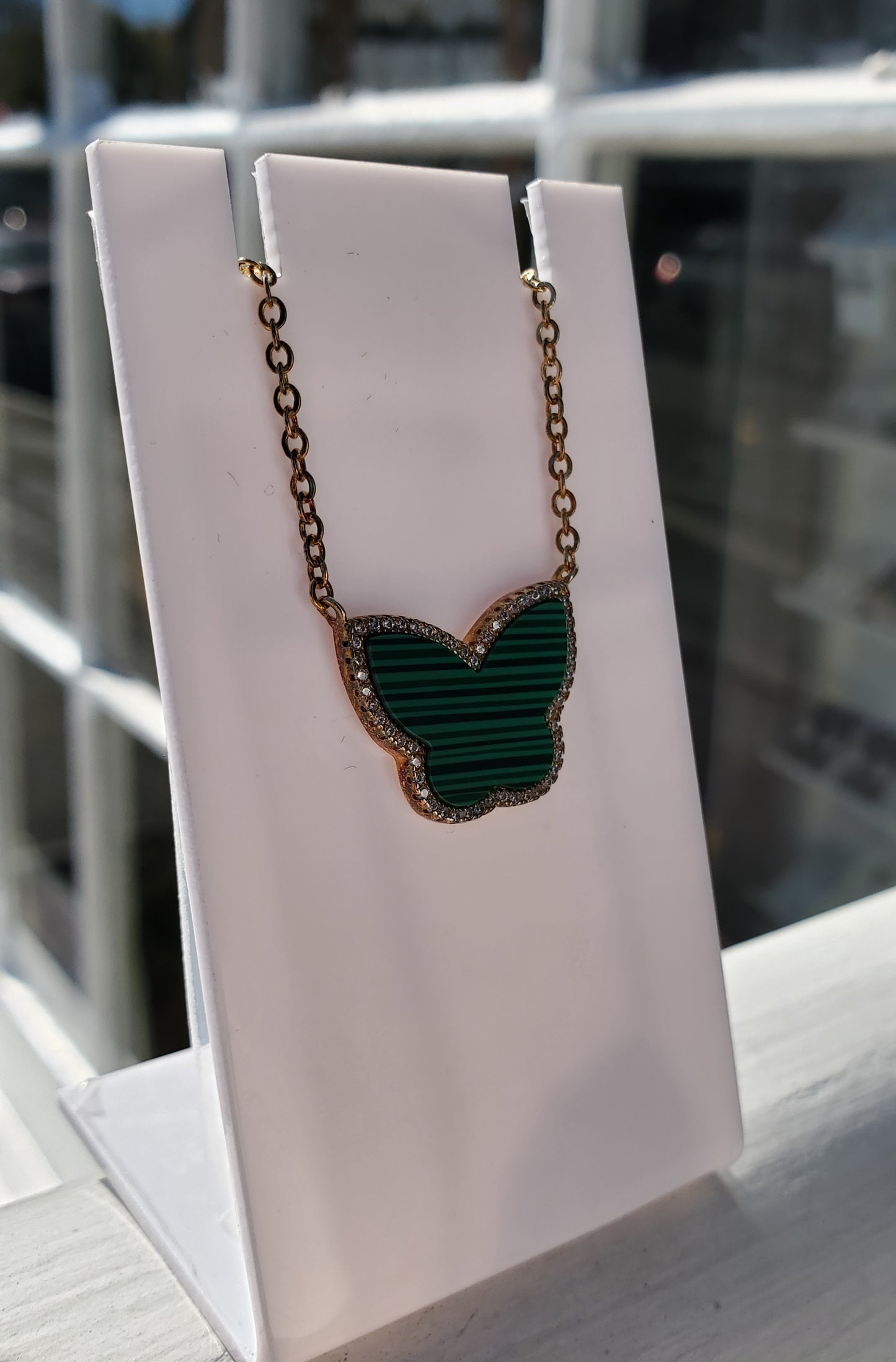 925 Sterling Silver Vermeil Malachite & Zirconia Butterfly Necklace