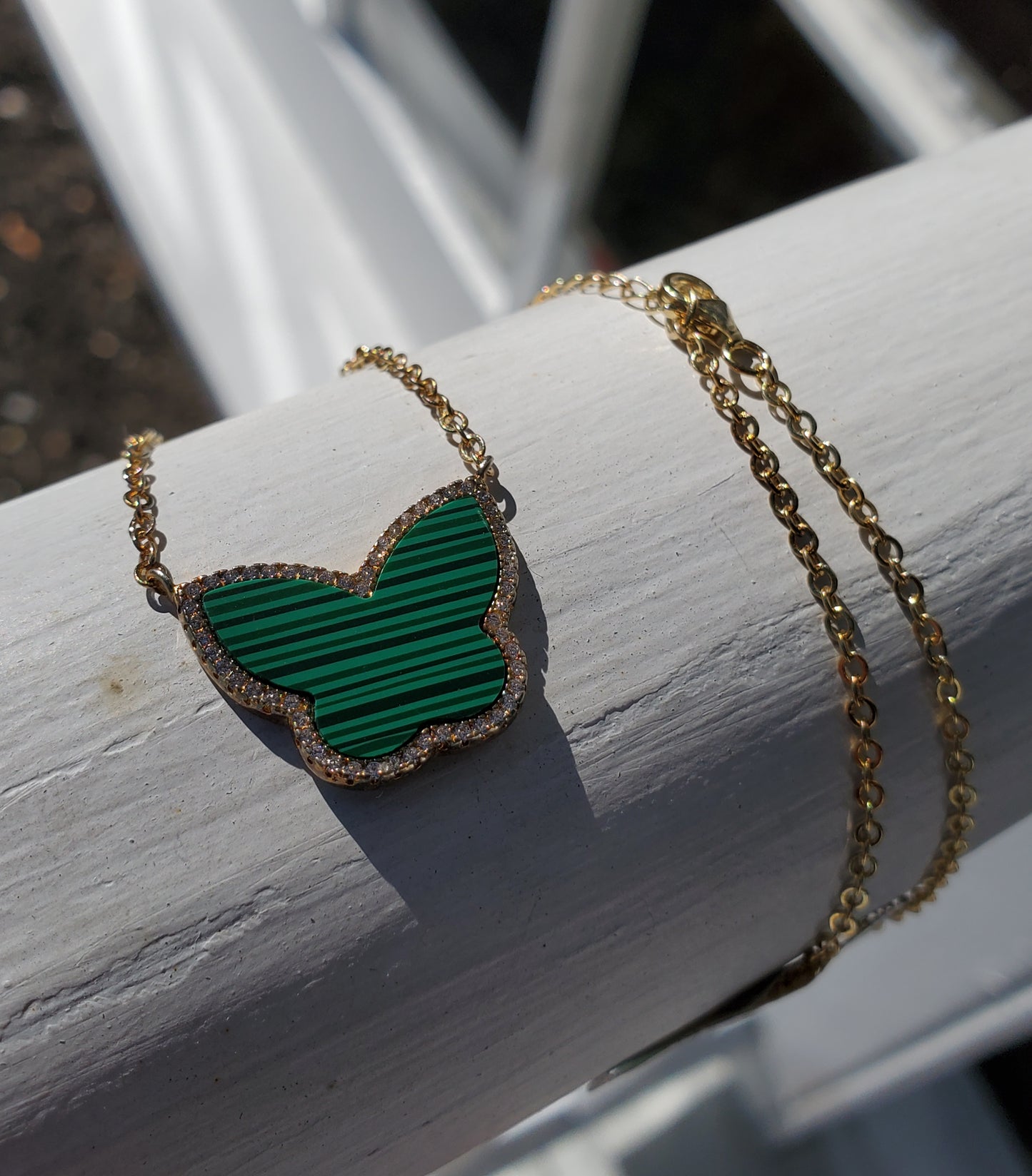 925 Sterling Silver Vermeil Malachite & Zirconia Butterfly Necklace