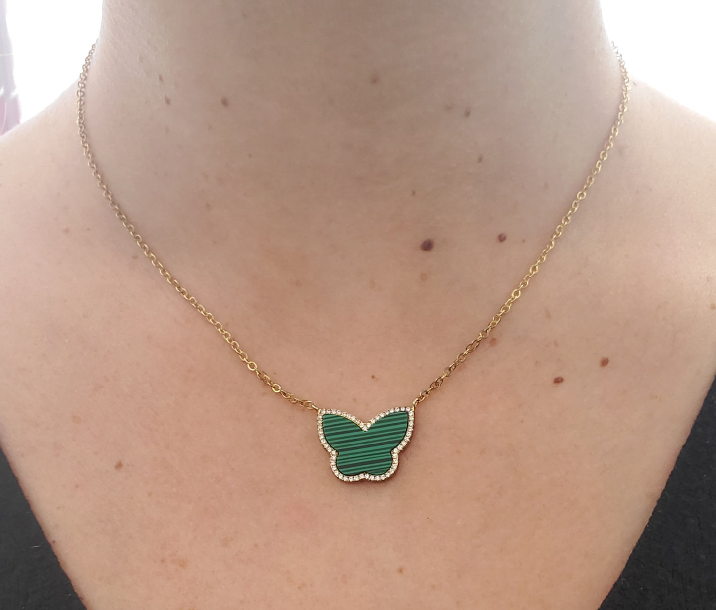 925 Sterling Silver Vermeil Malachite & Zirconia Butterfly Necklace