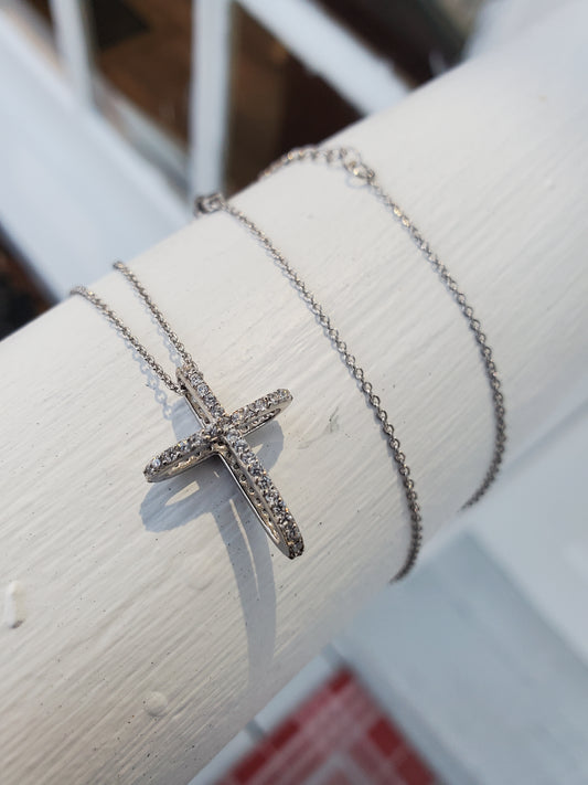 925 Sterling Silver Paperclip Cross Zirconia Necklace