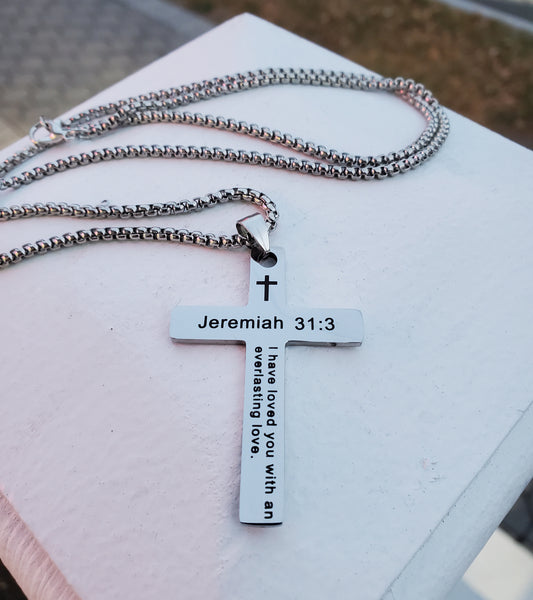 Stainless Steel Jeremiah 31:3 Scripture Bible Cross Pendant Necklace