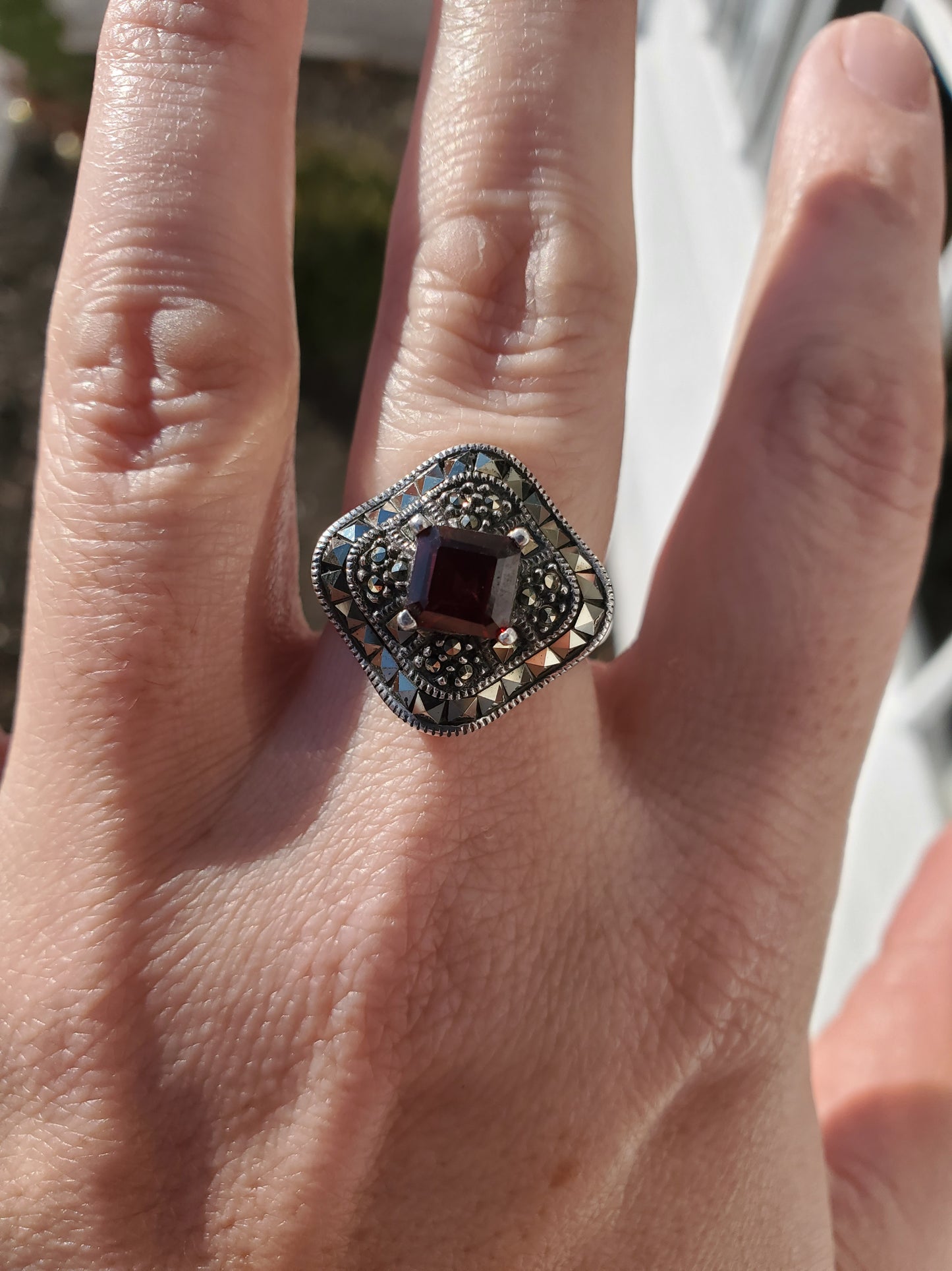 925 Garnet & Marcasite Wavy Cluster Ring Designer Judith Jack