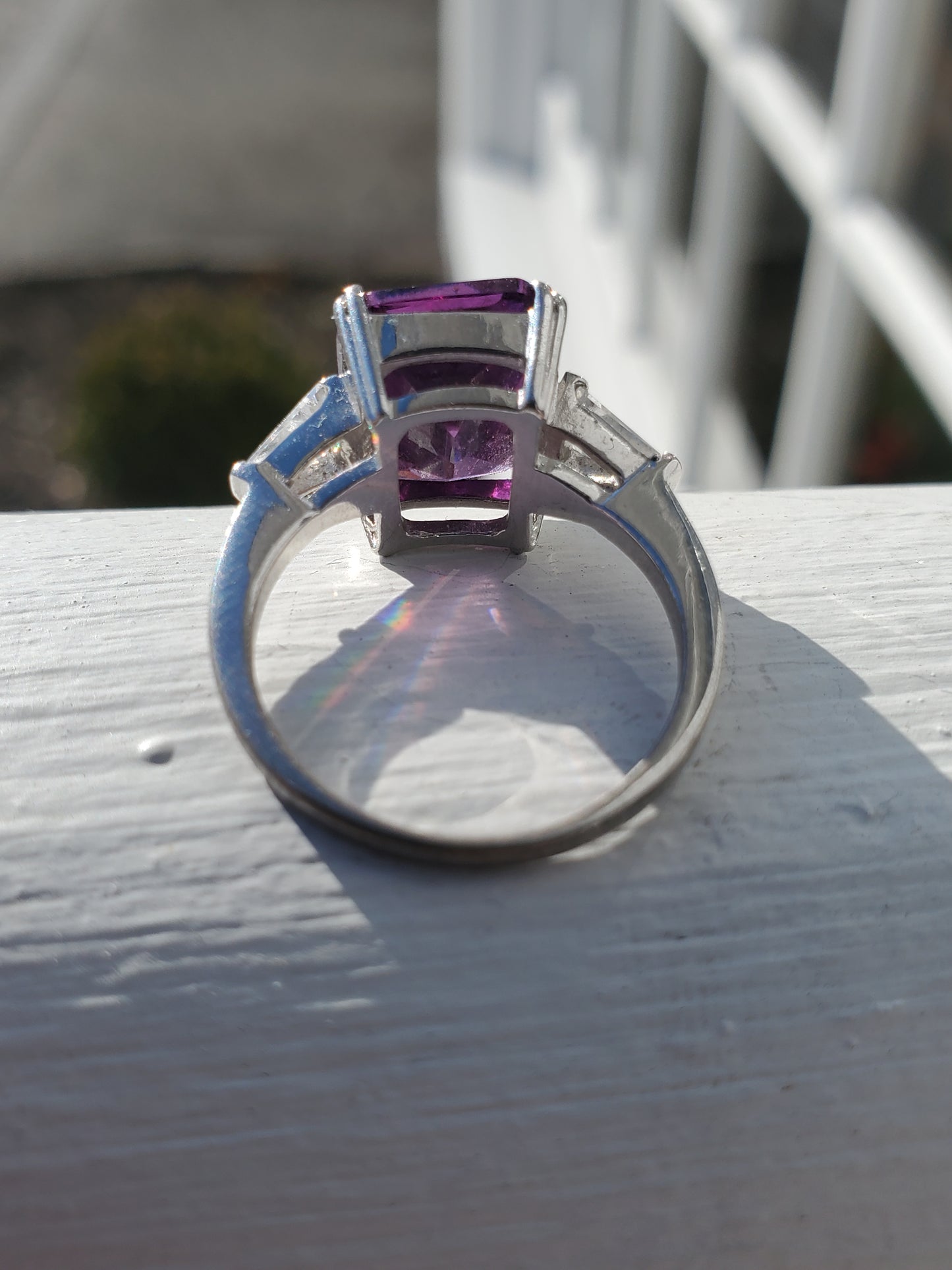 925 Sterling Silver Simulated Amethest Emerald Cut Cocktail ring w/ baguette zirconia