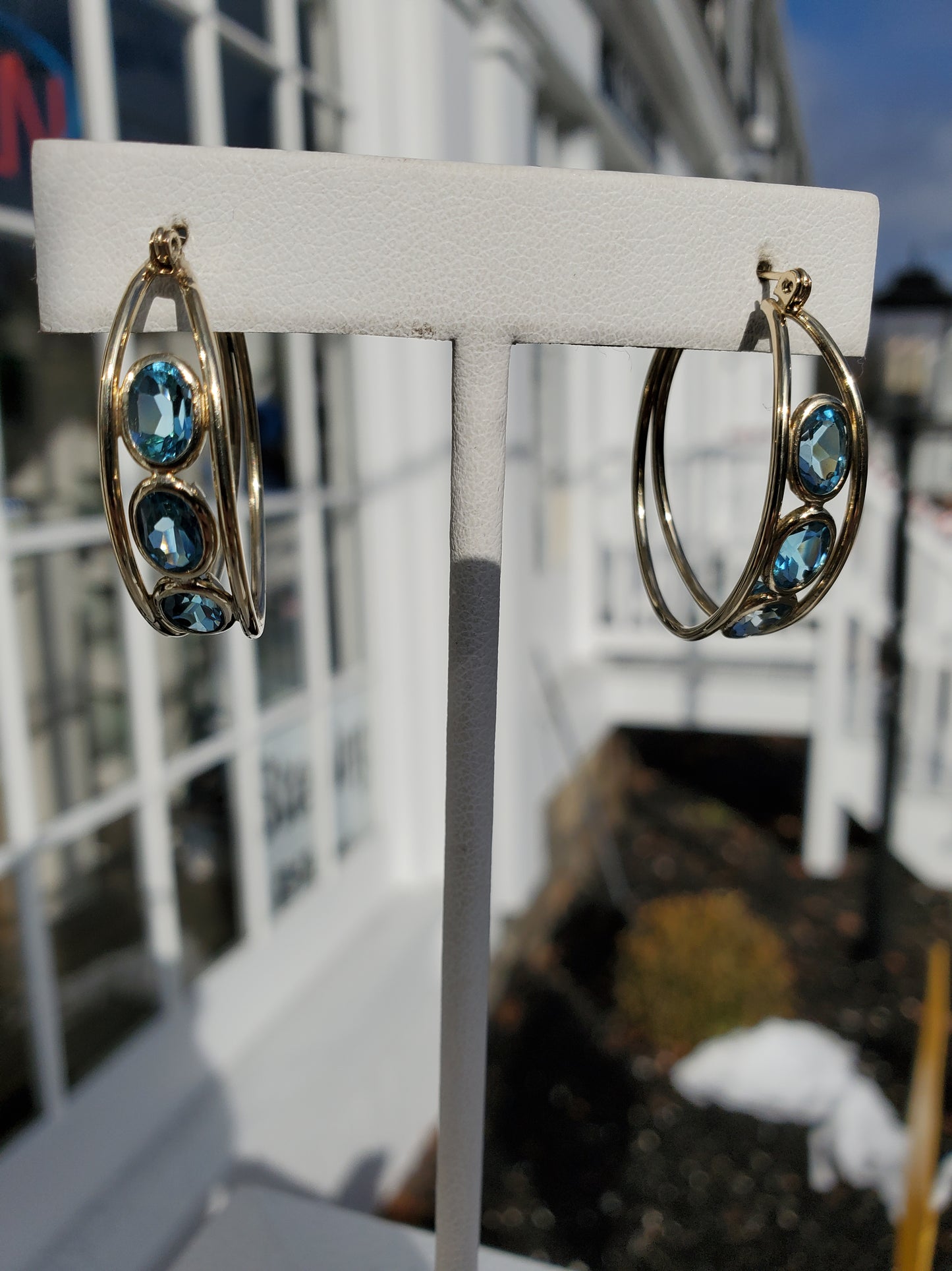 10k Solid Gold Blue Topaz Triple Row bezel set hoop earrings