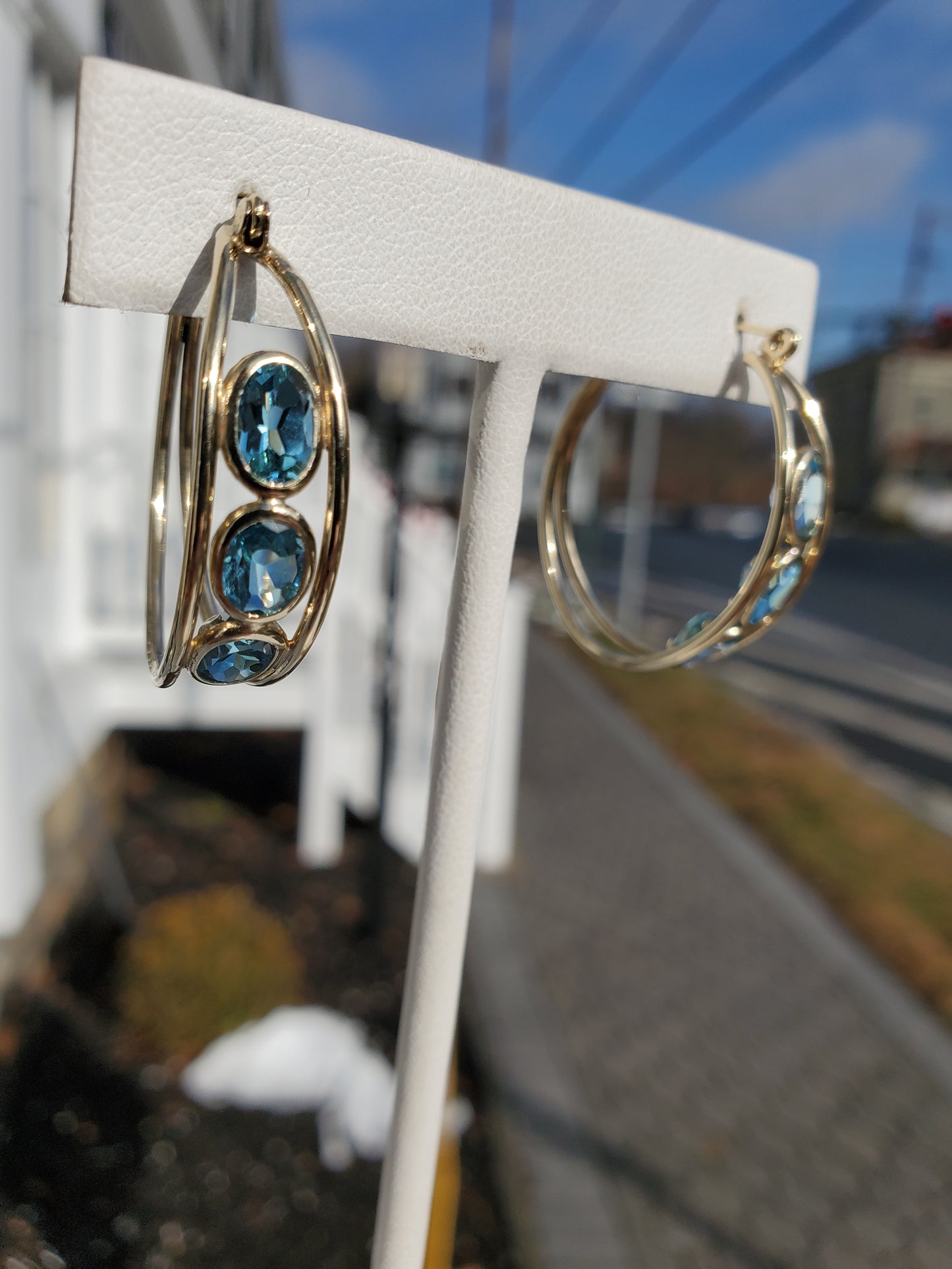 10k Solid Gold Blue Topaz Triple Row bezel set hoop earrings