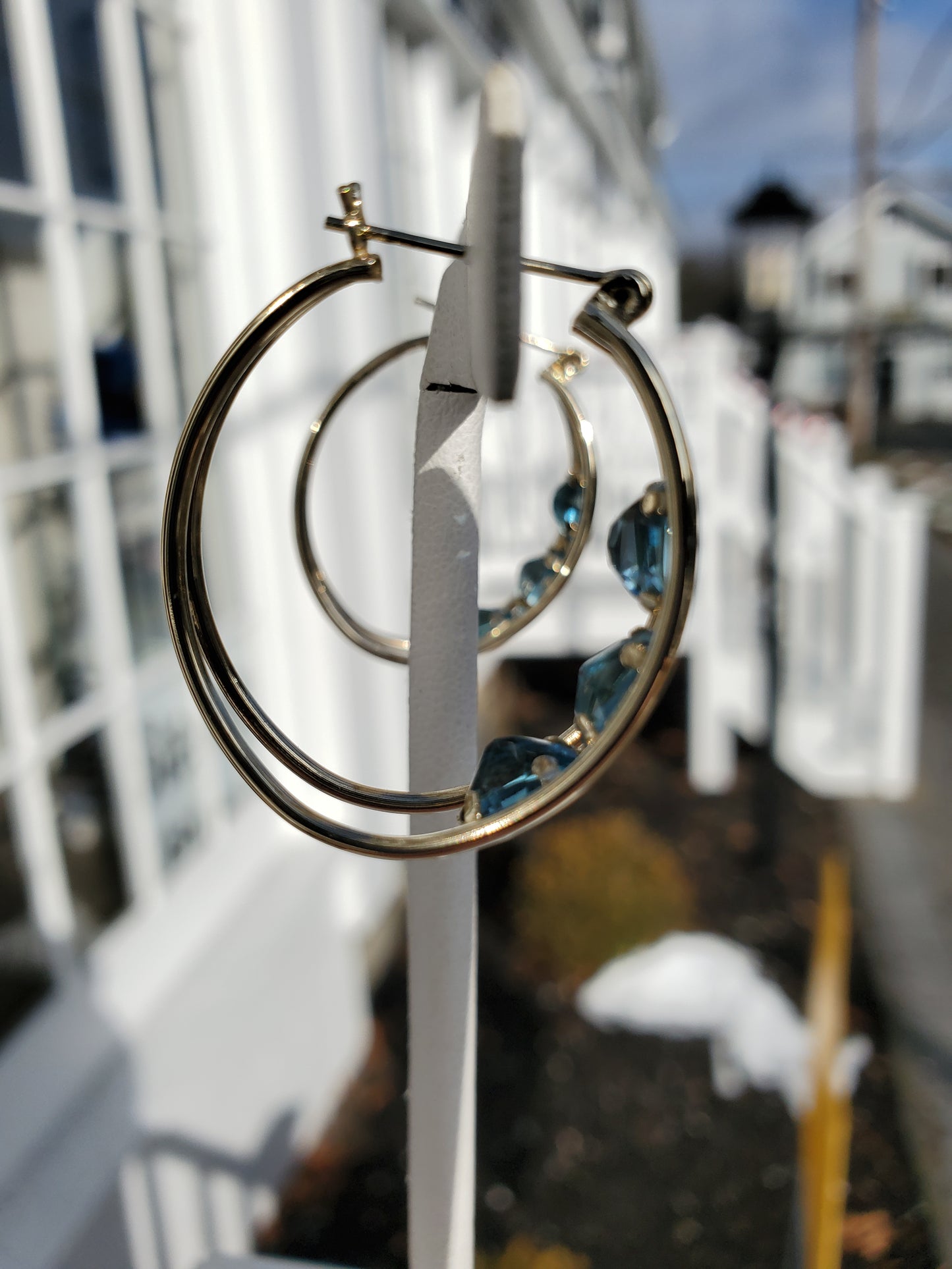 10k Solid Gold Blue Topaz Triple Row bezel set hoop earrings