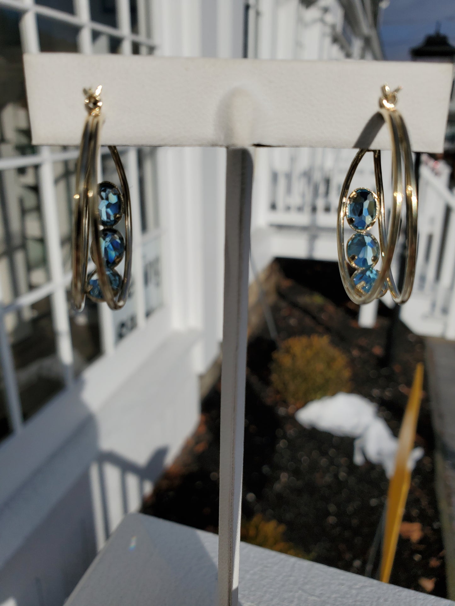 10k Solid Gold Blue Topaz Triple Row bezel set hoop earrings