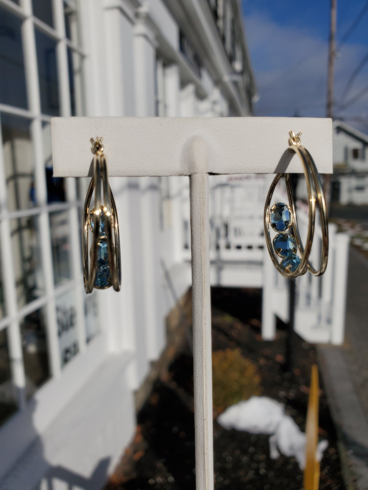 10k Solid Gold Blue Topaz Triple Row bezel set hoop earrings