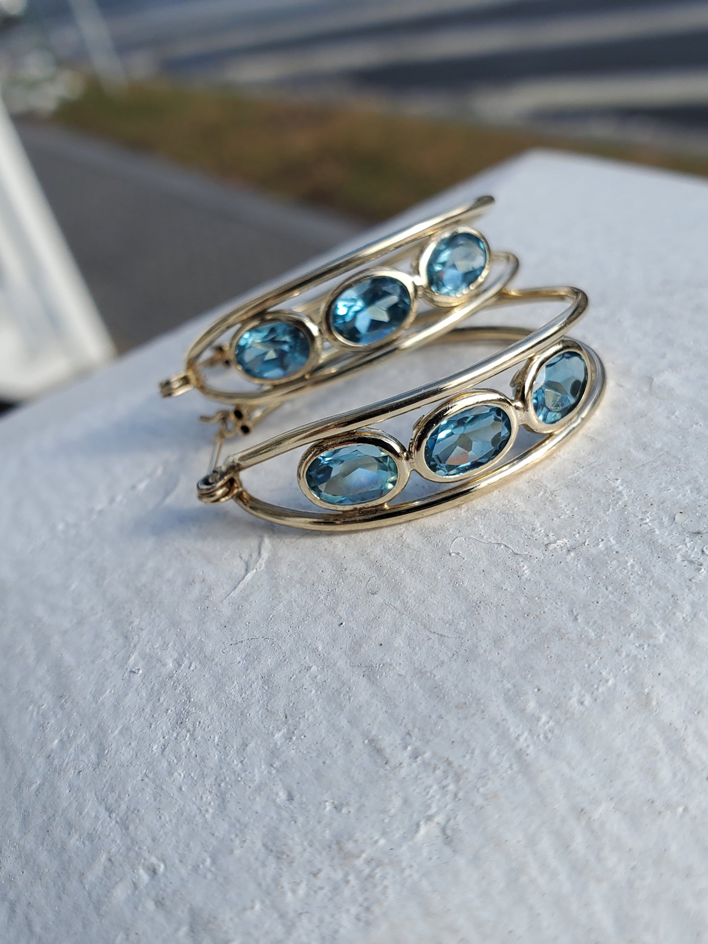 10k Solid Gold Blue Topaz Triple Row bezel set hoop earrings