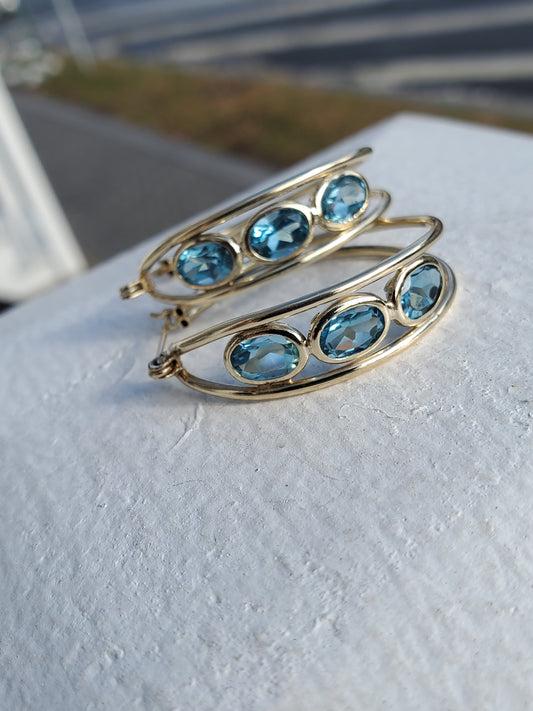 10k Solid Gold Blue Topaz Triple Row bezel set hoop earrings