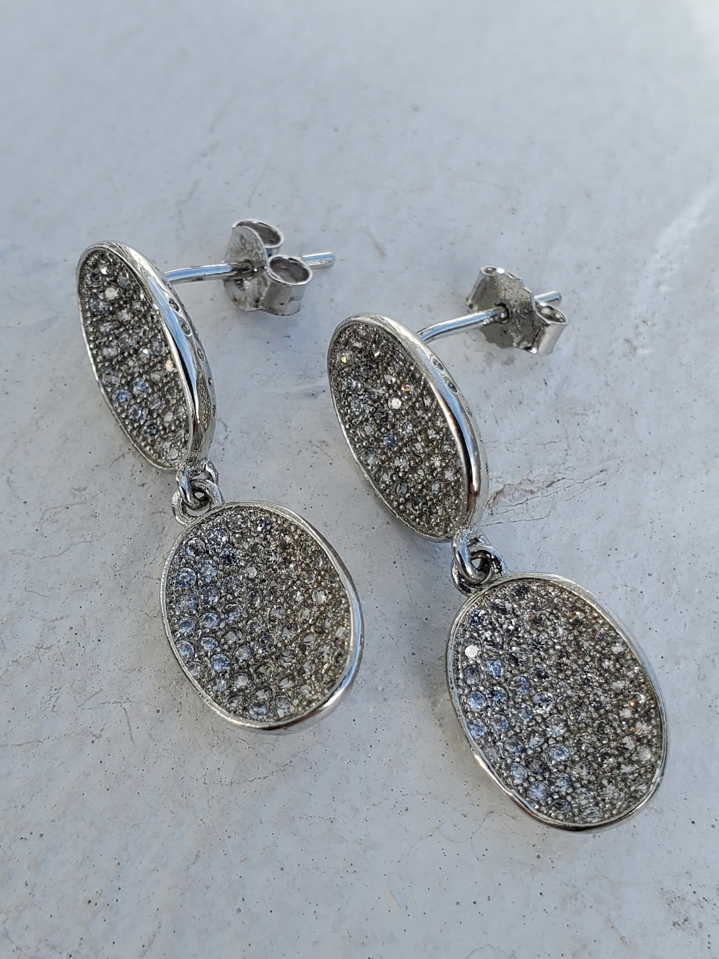 925 Sterling Silver Micro Pave Concave Oval Cluster drop earrings