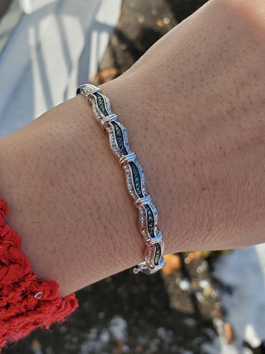 925 Sterling Silver Blue & White Diamond Bangle Bracelet