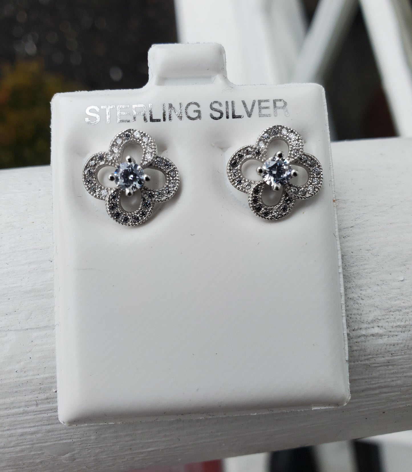 925 Sterling Silver Quatrefoil Clover Zirconia Stud Earrings