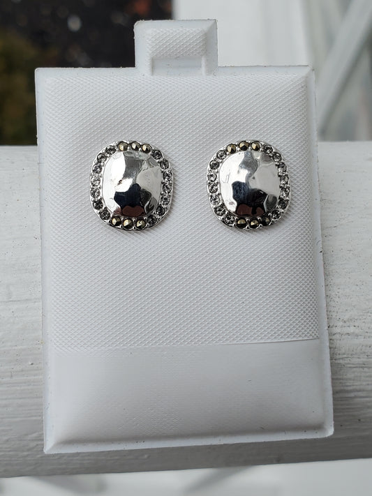 925 Sterling Silver Hammered Design Marcasite & Zirconia Stud Earrings