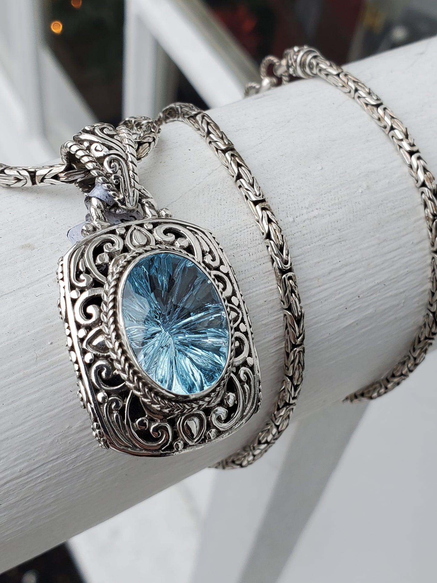 925 Sterling Silver Designer Sarda Large Blue Topaz Peandant w/Byzantine Bali Chain