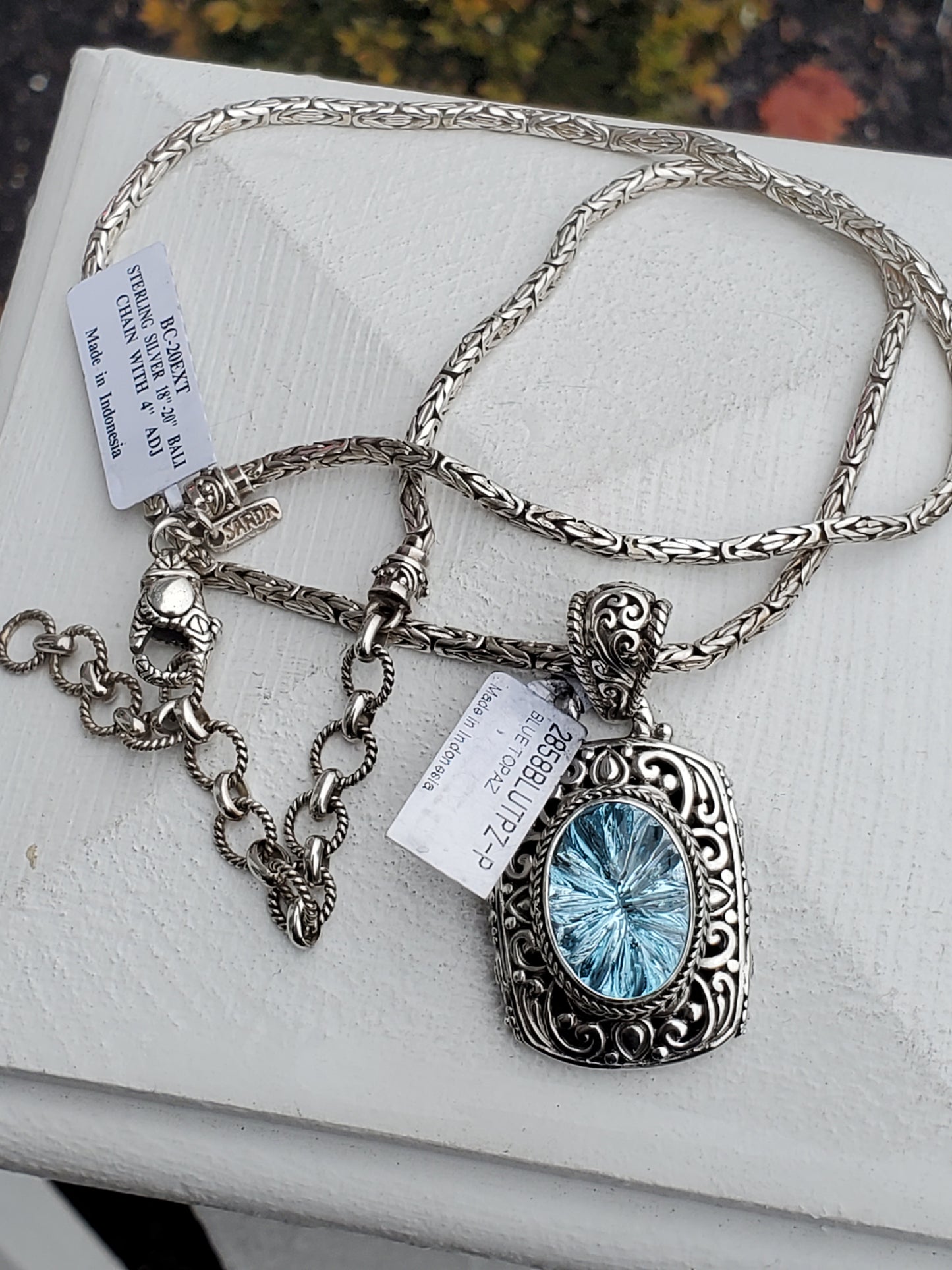 925 Sterling Silver Designer Sarda Large Blue Topaz Peandant w/Byzantine Bali Chain