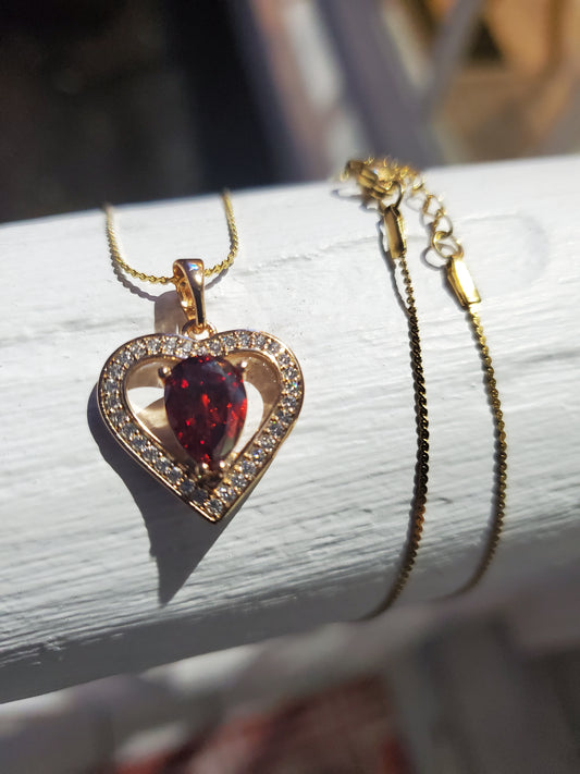 Stainless Steel Gold Plated Simulated Pear Garnet Heart Zirconia Necklace