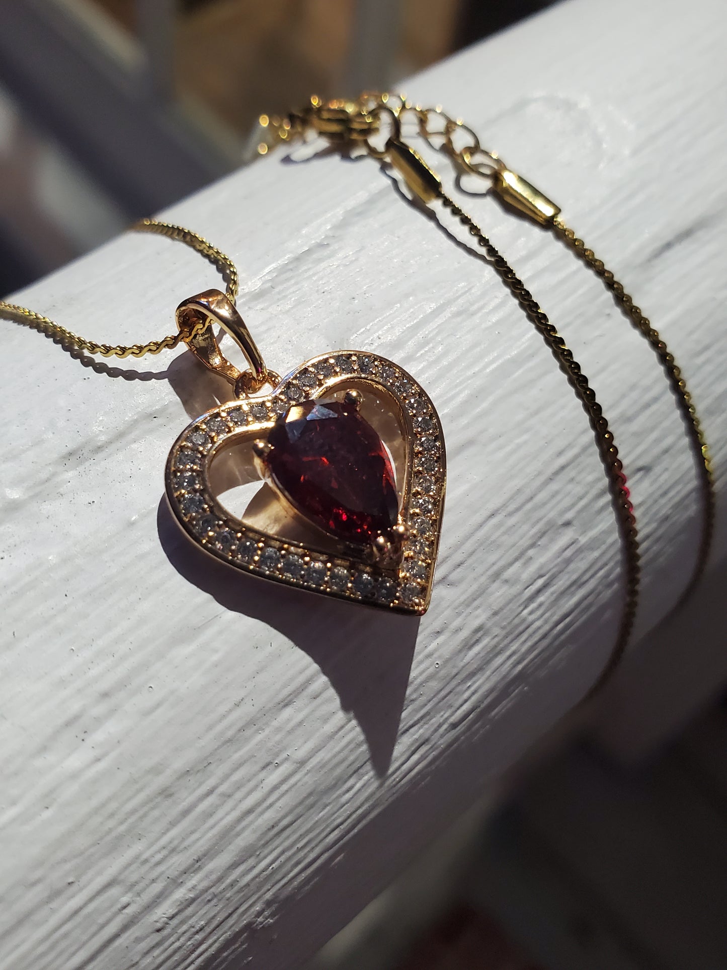 Stainless Steel Gold Plated Simulated Pear Garnet Heart Zirconia Necklace