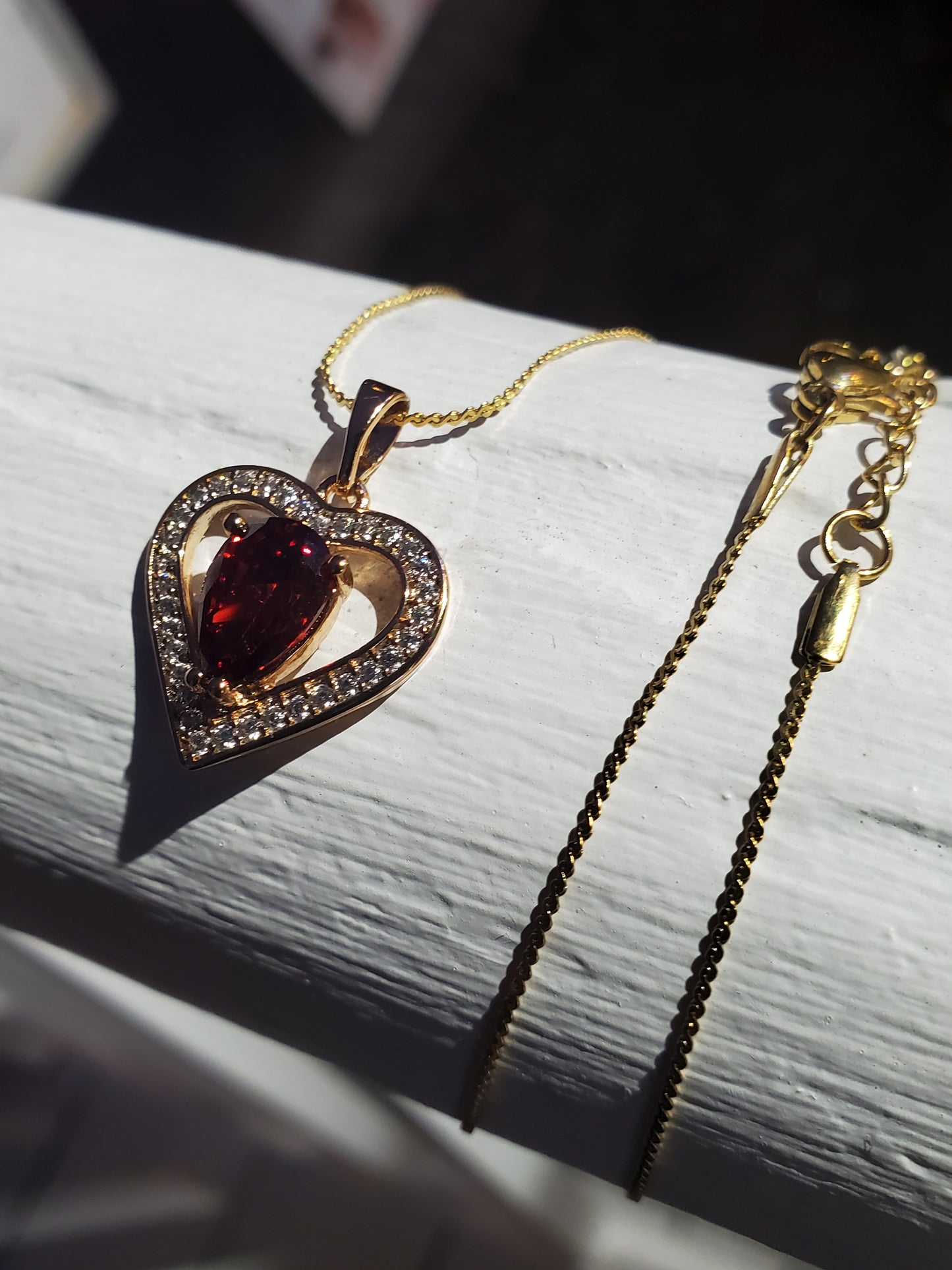 Stainless Steel Gold Plated Simulated Pear Garnet Heart Zirconia Necklace