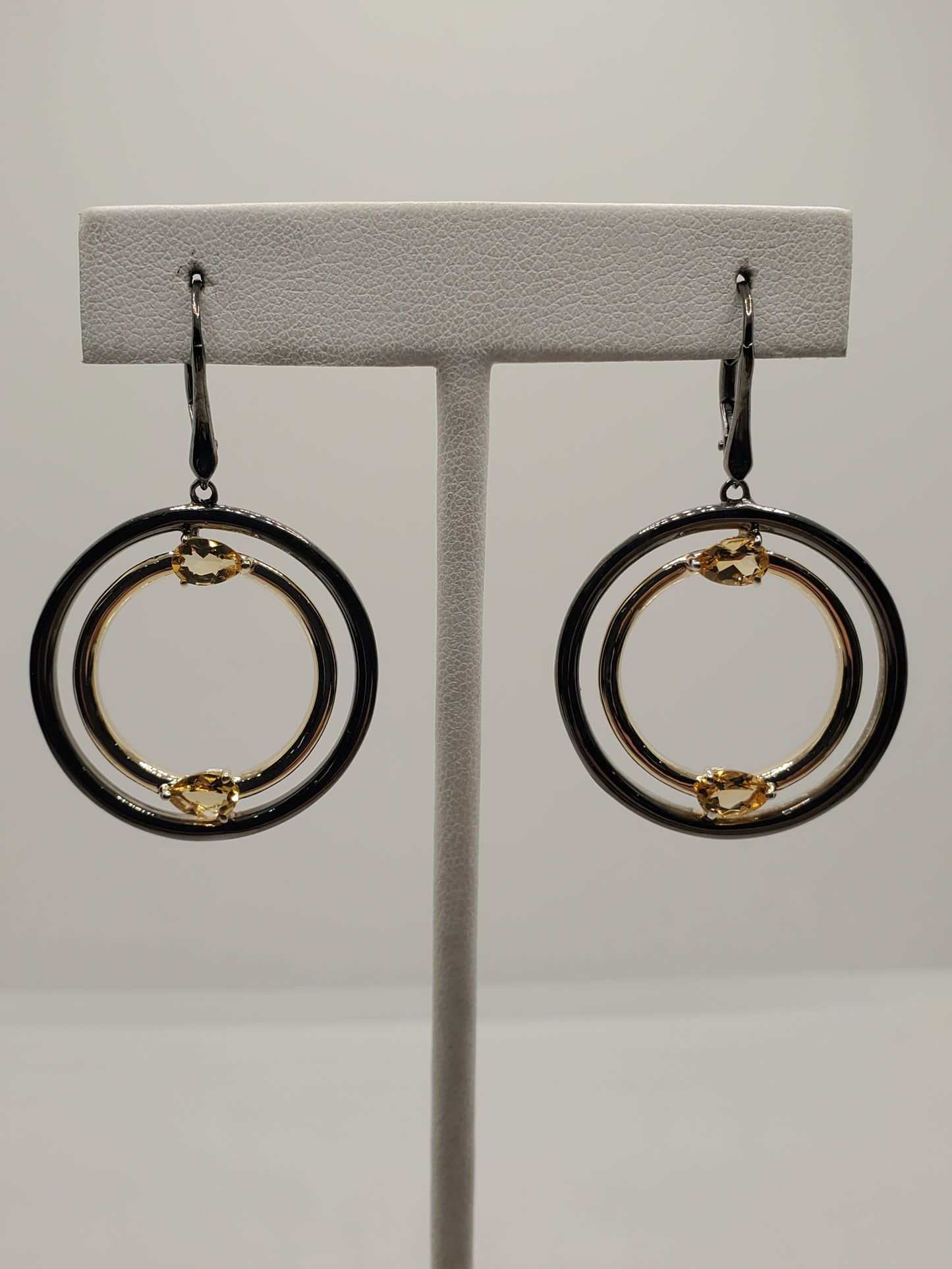 925 Sterling Silver Oxidized & Vermeil "Event Horizon" Double Circle Hoop Citrine Topaz Drop Earrings