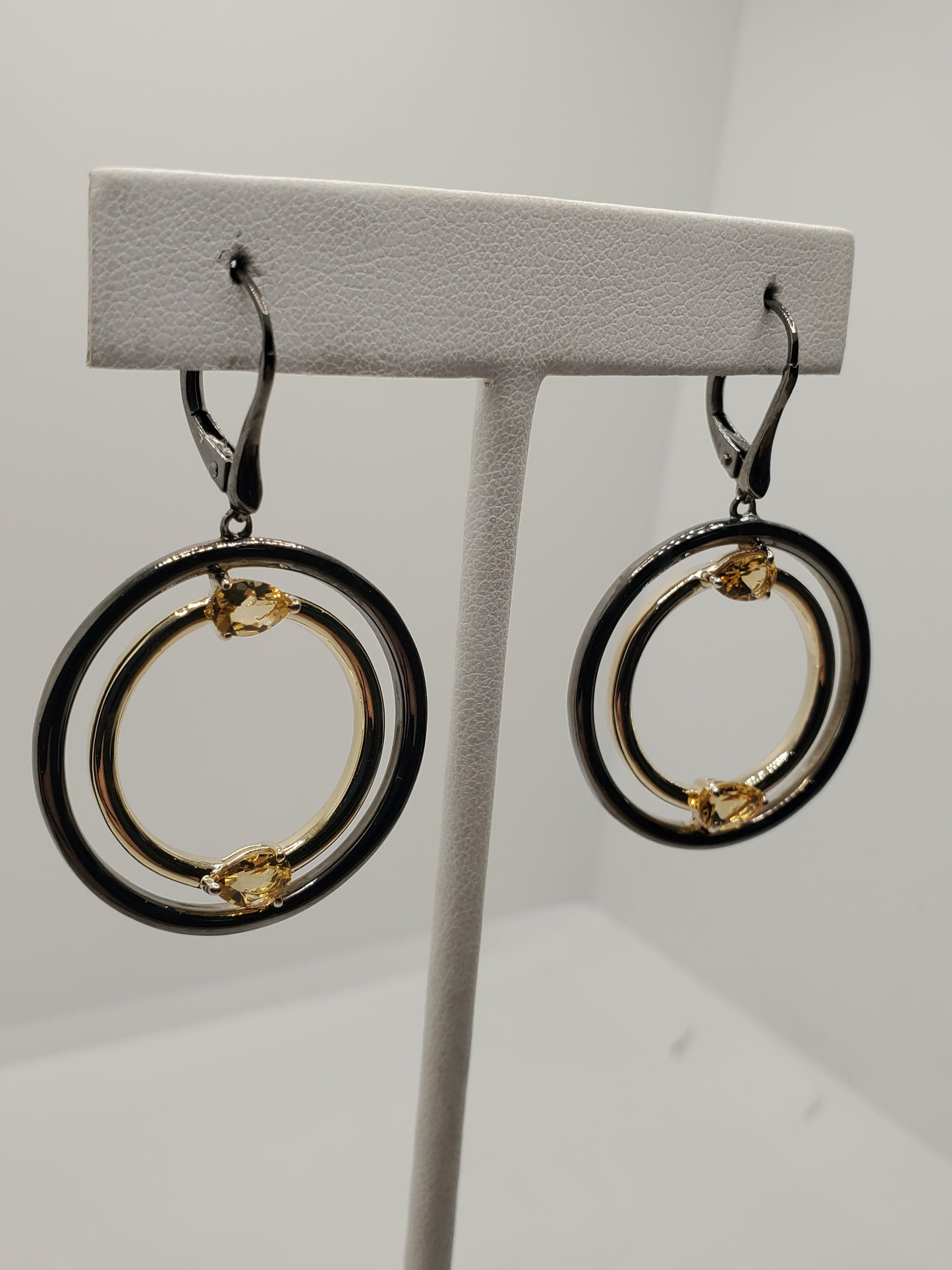 925 Sterling Silver Oxidized & Vermeil "Event Horizon" Double Circle Hoop Citrine Topaz Drop Earrings