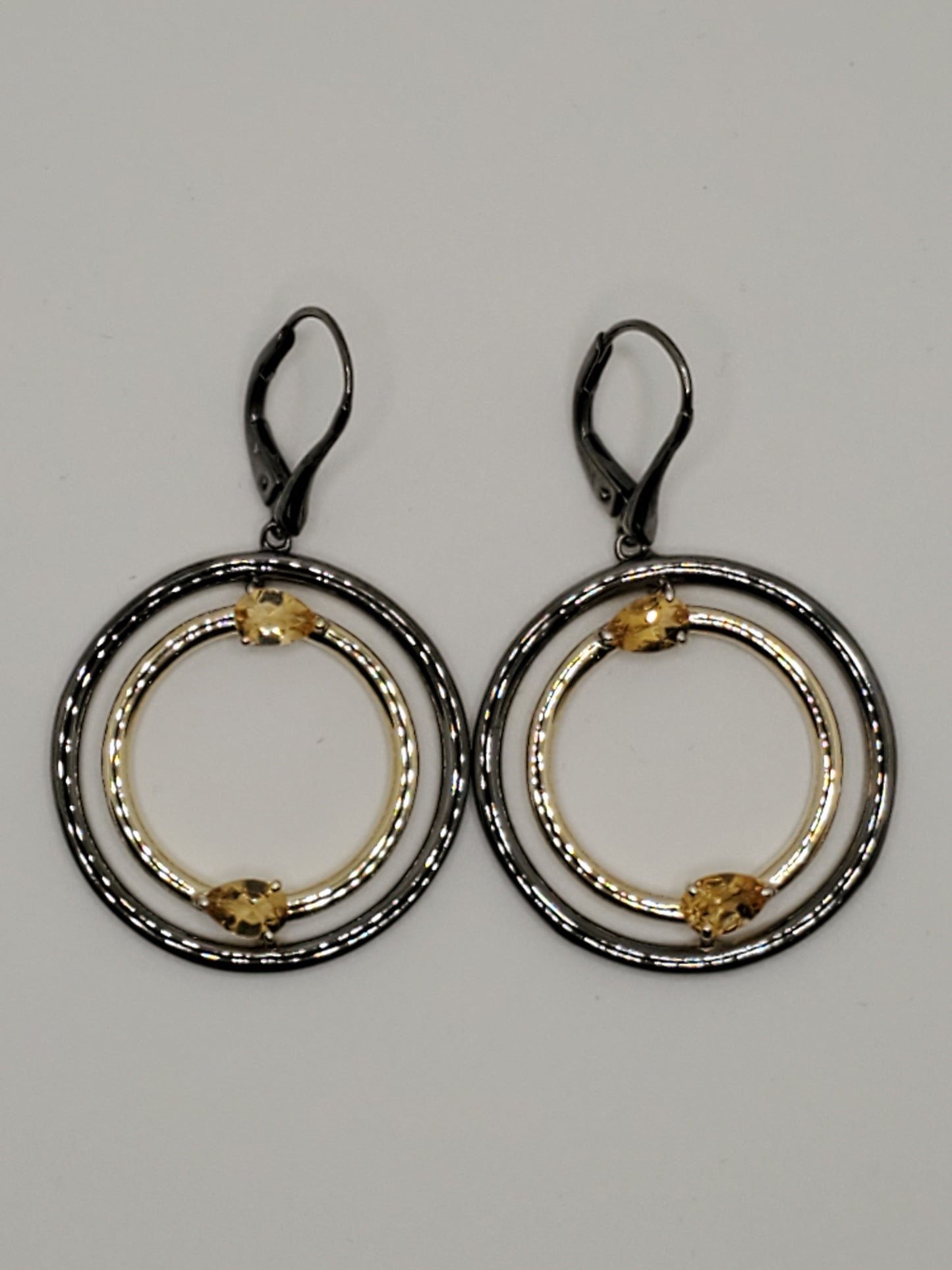 925 Sterling Silver Oxidized & Vermeil "Event Horizon" Double Circle Hoop Citrine Topaz Drop Earrings