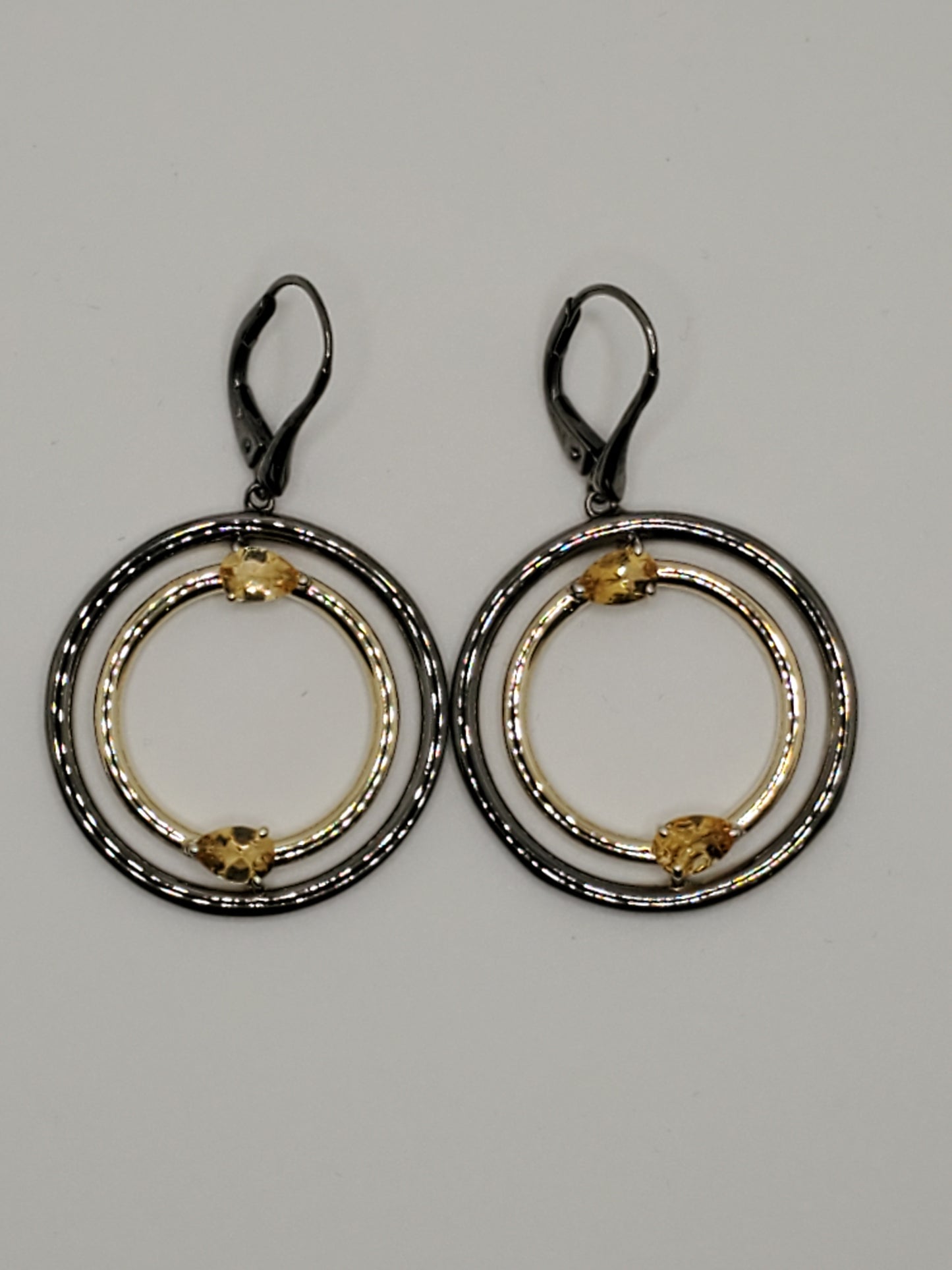 925 Sterling Silver Oxidized & Vermeil "Event Horizon" Double Circle Hoop Citrine Topaz Drop Earrings