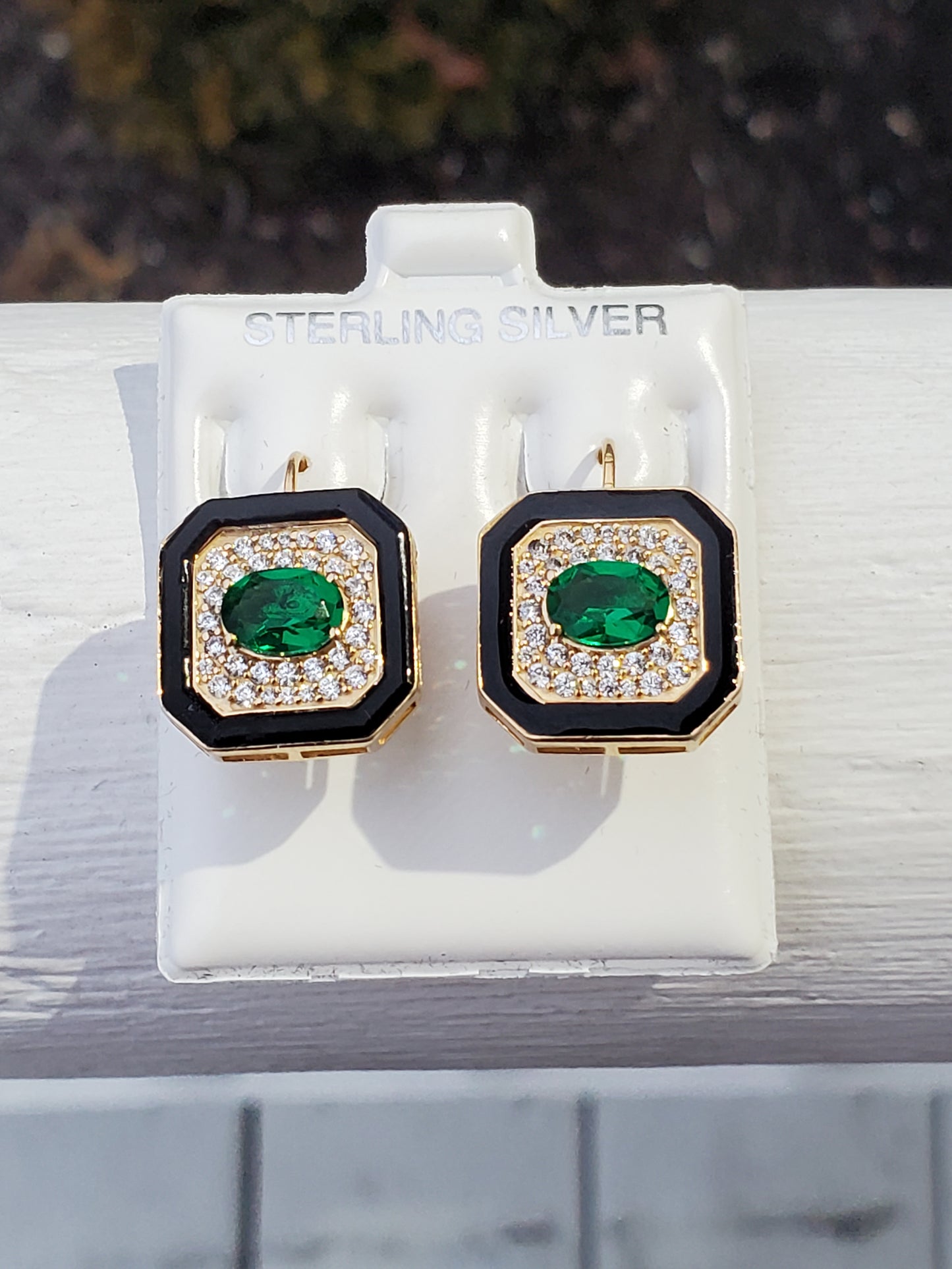 925 Sterling Silver Vermeil Simulated Emerald & Zirconia Earrings