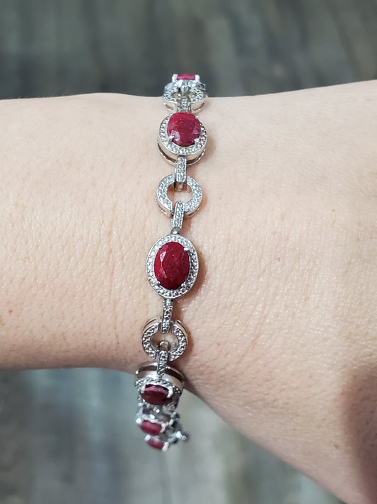 925 Sterling Silver Natural Ruby Link Bracelet 8”