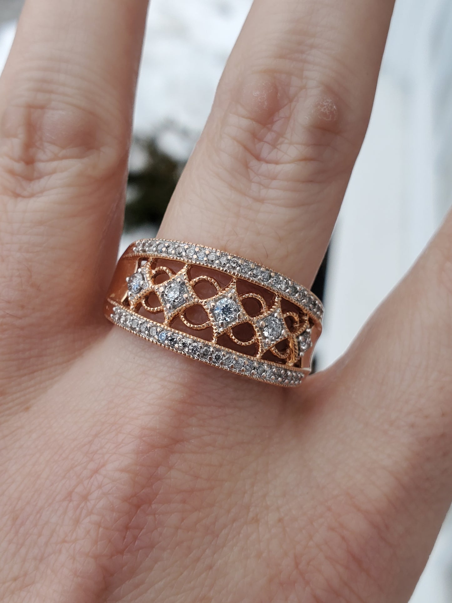 10k Rose Gold Natural Diamond Filagre Band Ring