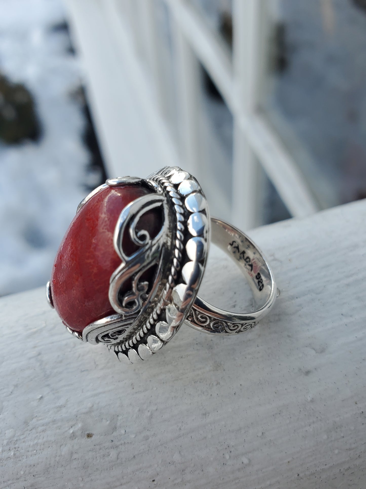 925 Sterling Silver Designer Sarda Red Sponge Coral Filagre Decor Ring