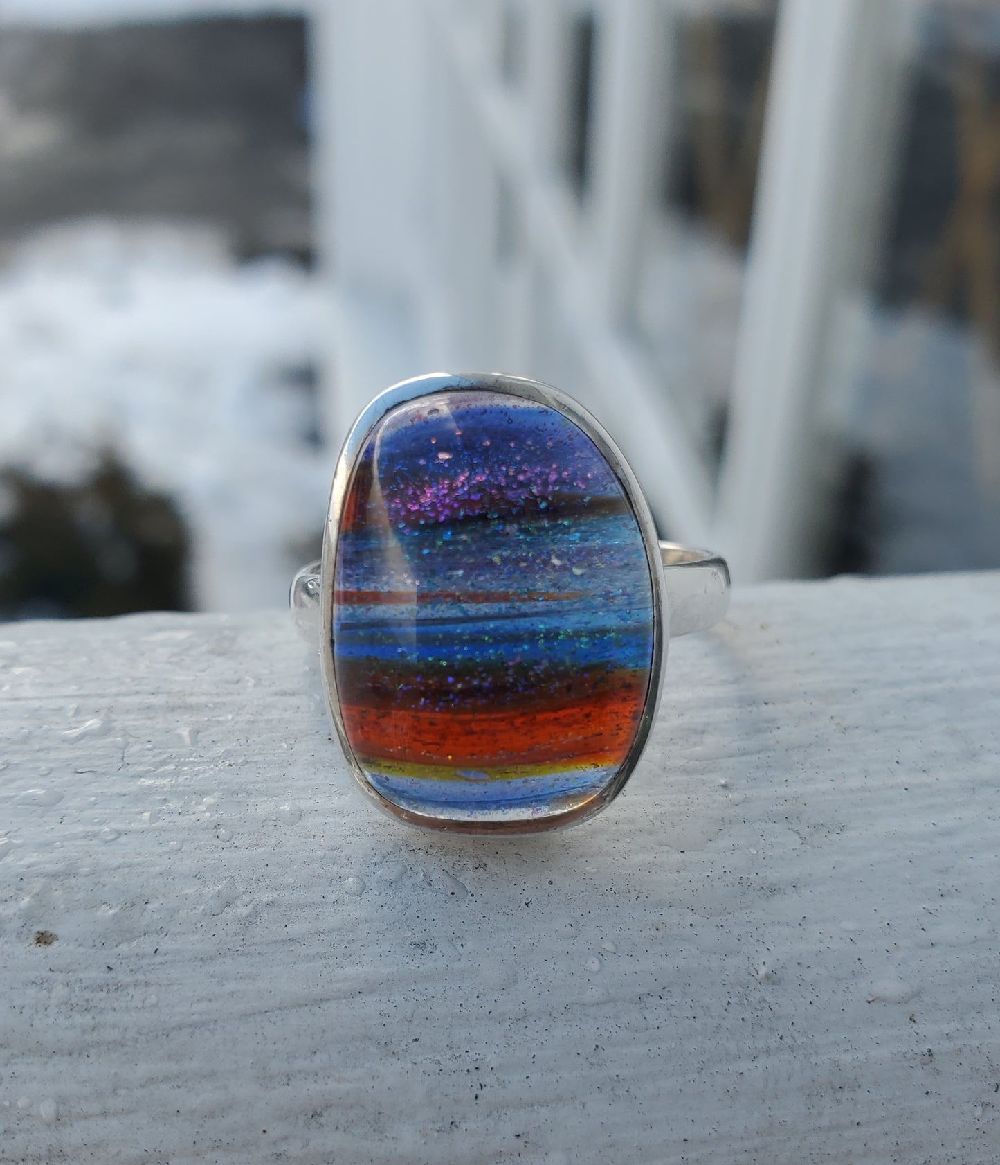 925 Sterling Silver Rainbow Dichroic Glass Bezel Set Ring