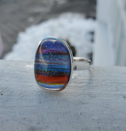 925 Sterling Silver Rainbow Dichroic Glass Bezel Set Ring