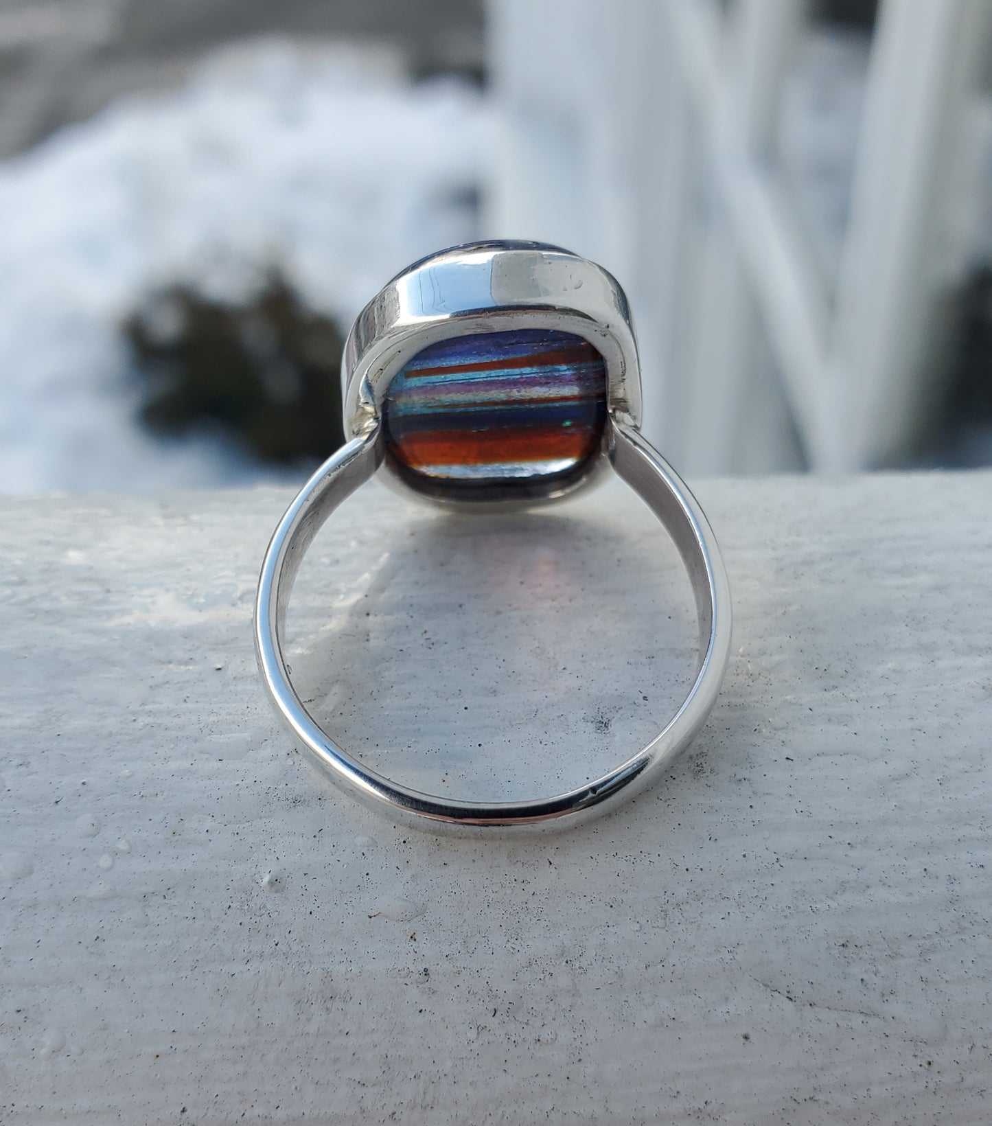 925 Sterling Silver Rainbow Dichroic Glass Bezel Set Ring