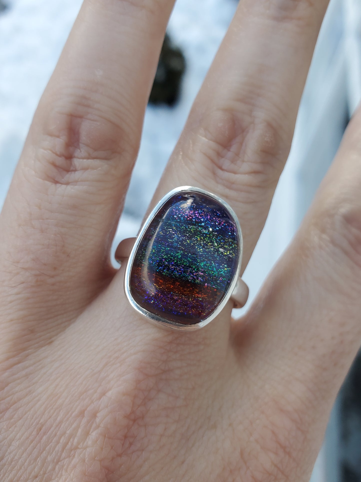 925 Sterling Silver Rainbow Dichroic Glass Bezel Set Ring