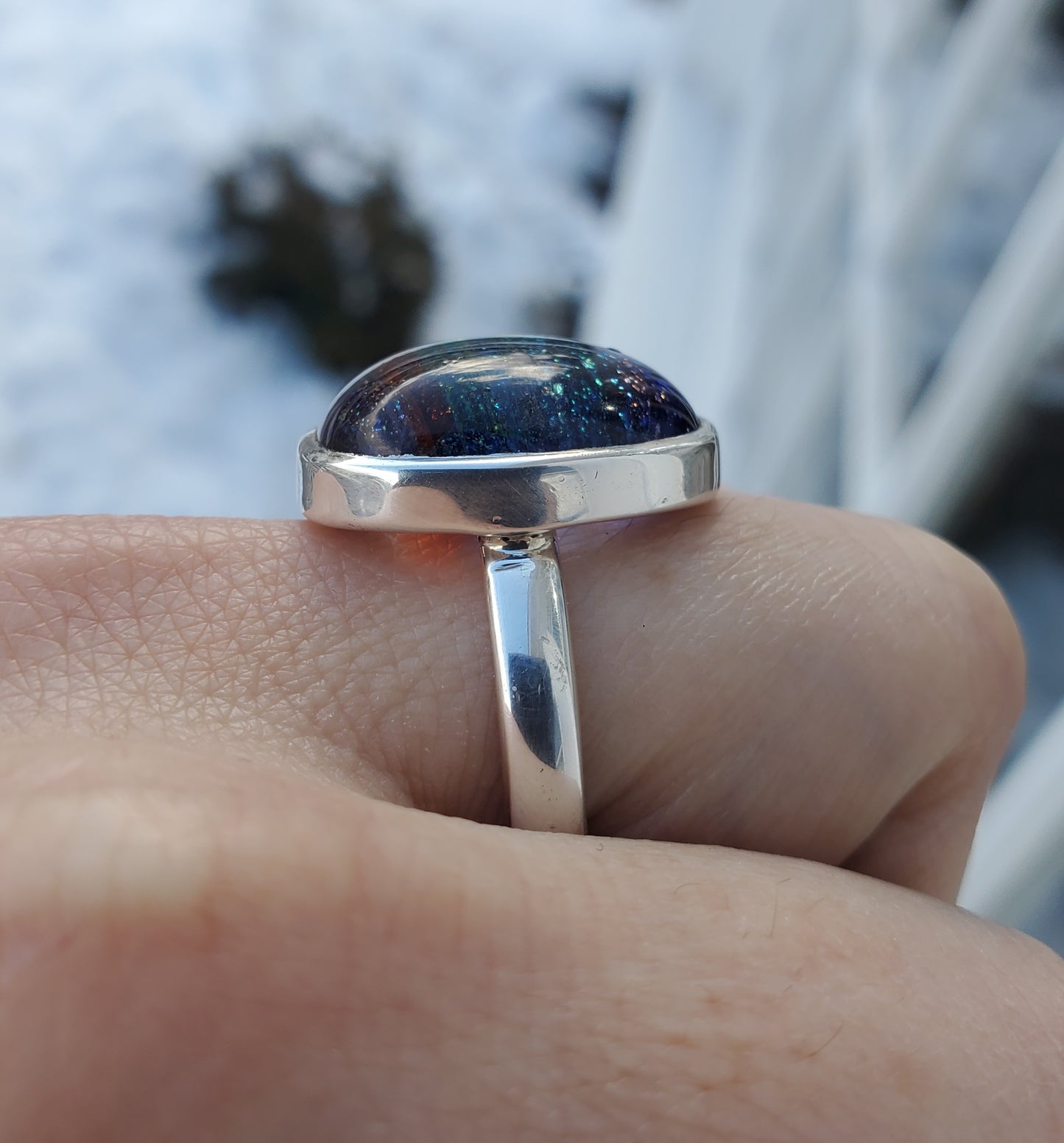 925 Sterling Silver Rainbow Dichroic Glass Bezel Set Ring