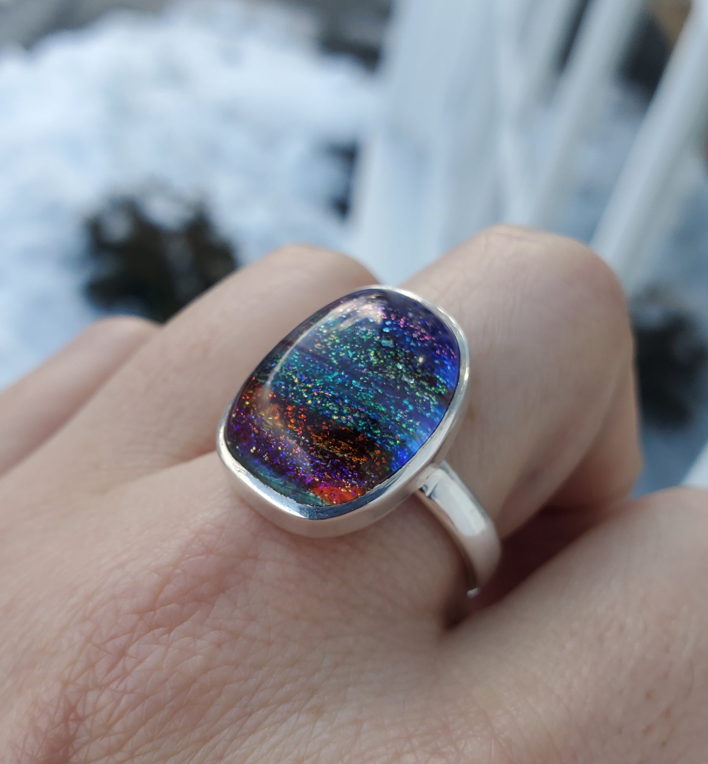 925 Sterling Silver Rainbow Dichroic Glass Bezel Set Ring