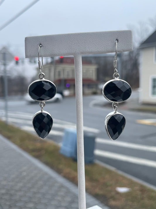 925 Sterling Silver Large Stone Black Spinel Dangle Earrings