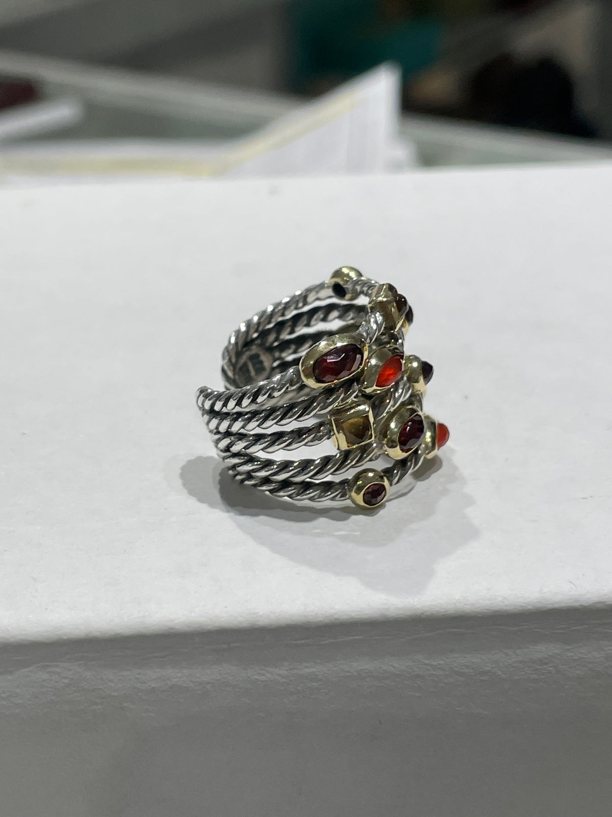 Retired David Yurman Carnelian Garnet Pink Tourmaline & Citrine Confetti Ring 925 Silver & 18k Gold Open Size