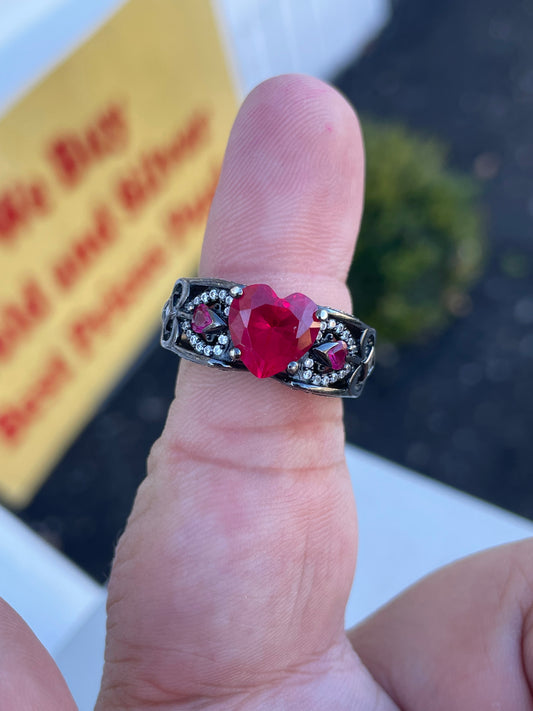 925 Sterling Silver Oxidized Red Heart Guardian Angel Ring Sz 7