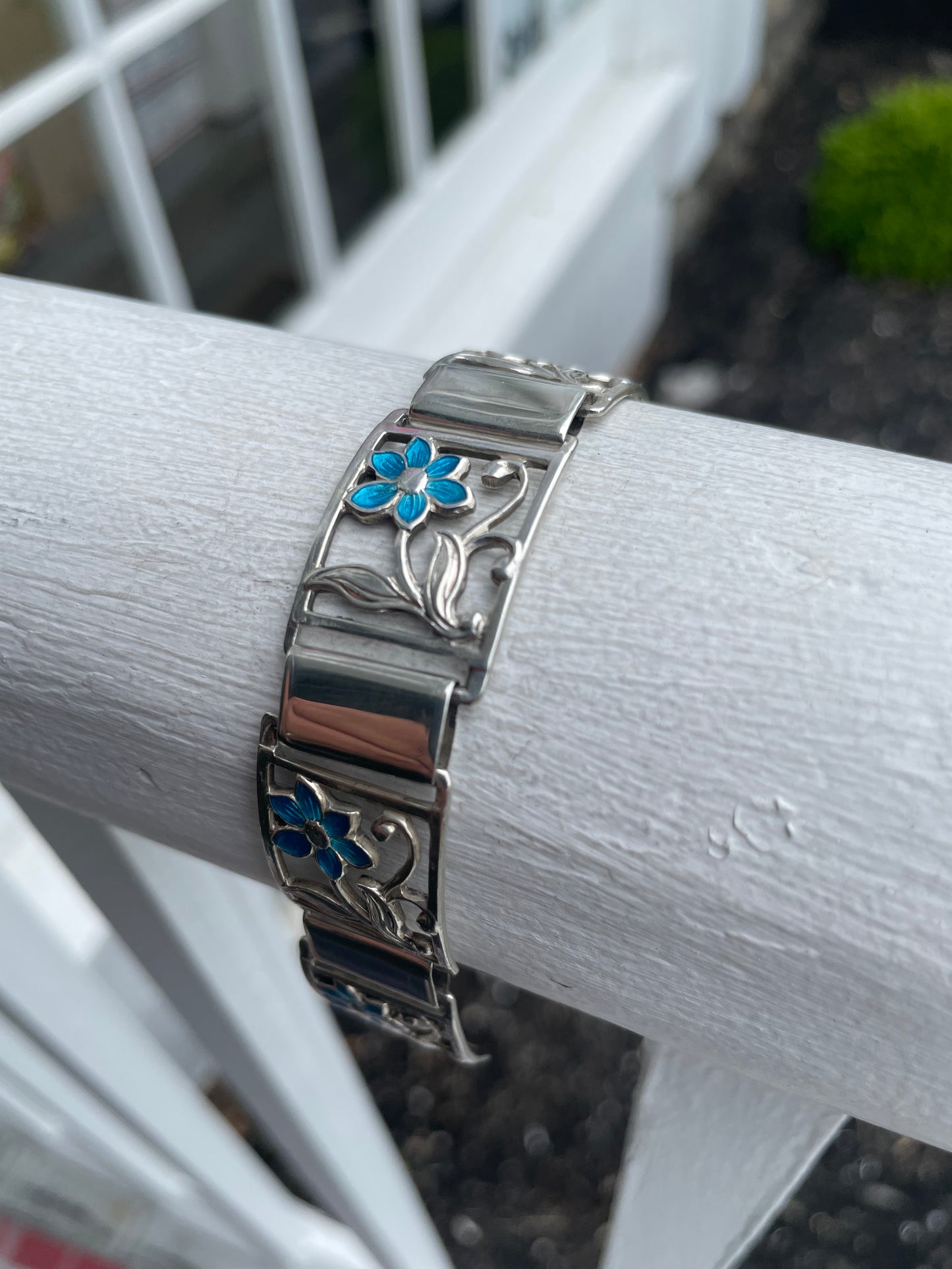 Designer Fir Munksgaard Denmark 925 Sterling Silver 309 Blue Flower Bracelet 6.75”