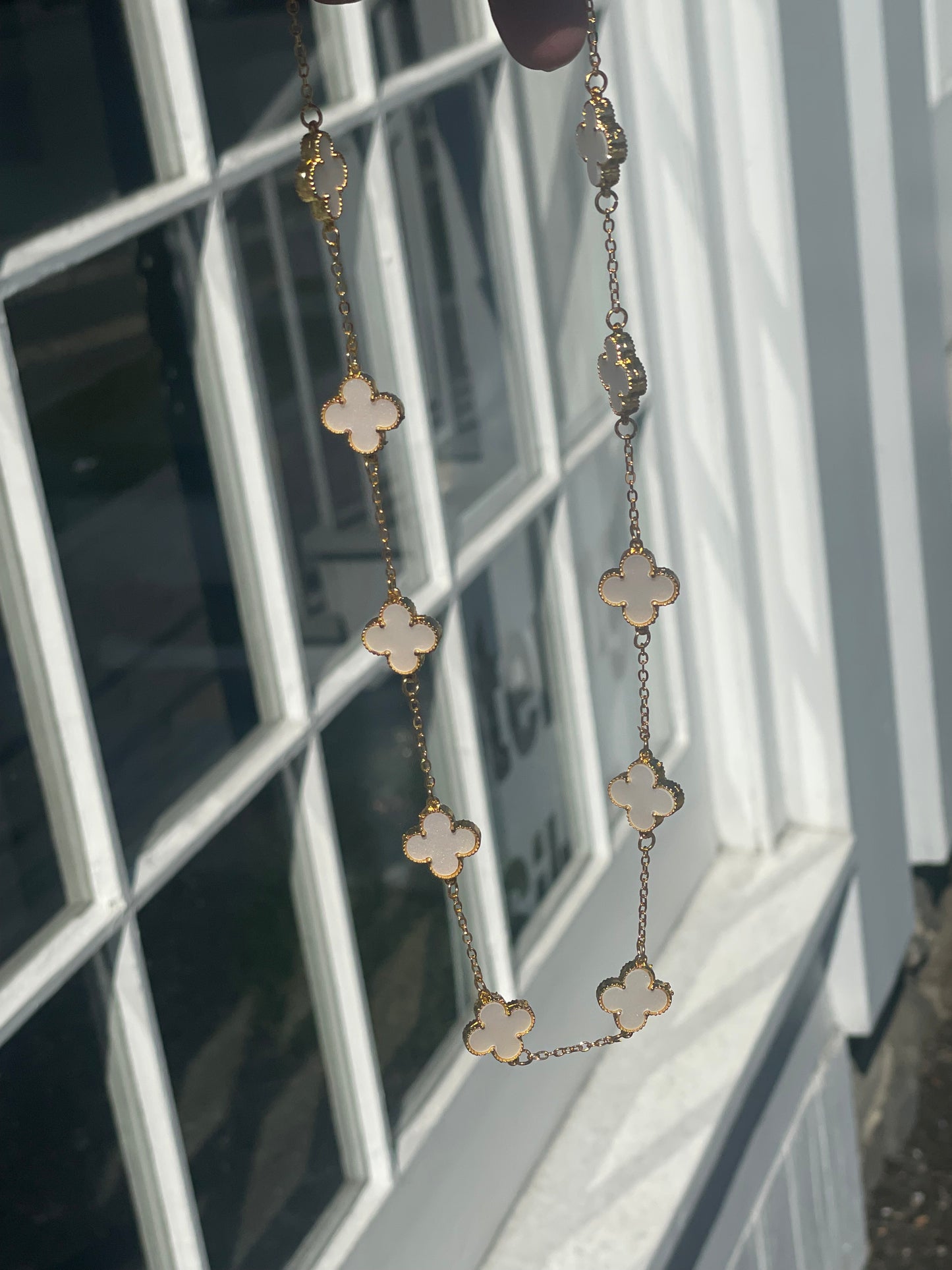 Stainless Steel Gold Color White Clover Station Van Cleef Style Necklace 18”-20”