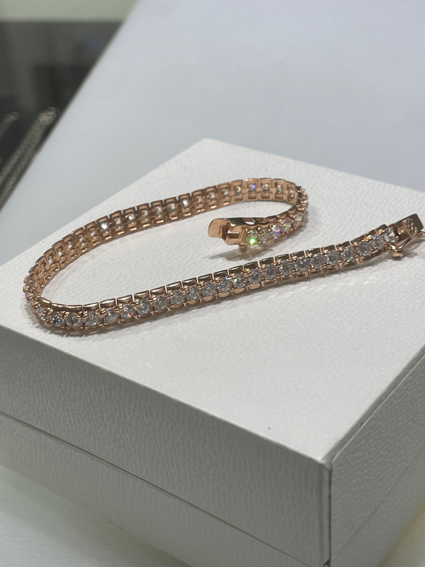 925 Sterling Silver Rose Vermeil Cz Flexible Tennis Bracelet 7.5”
