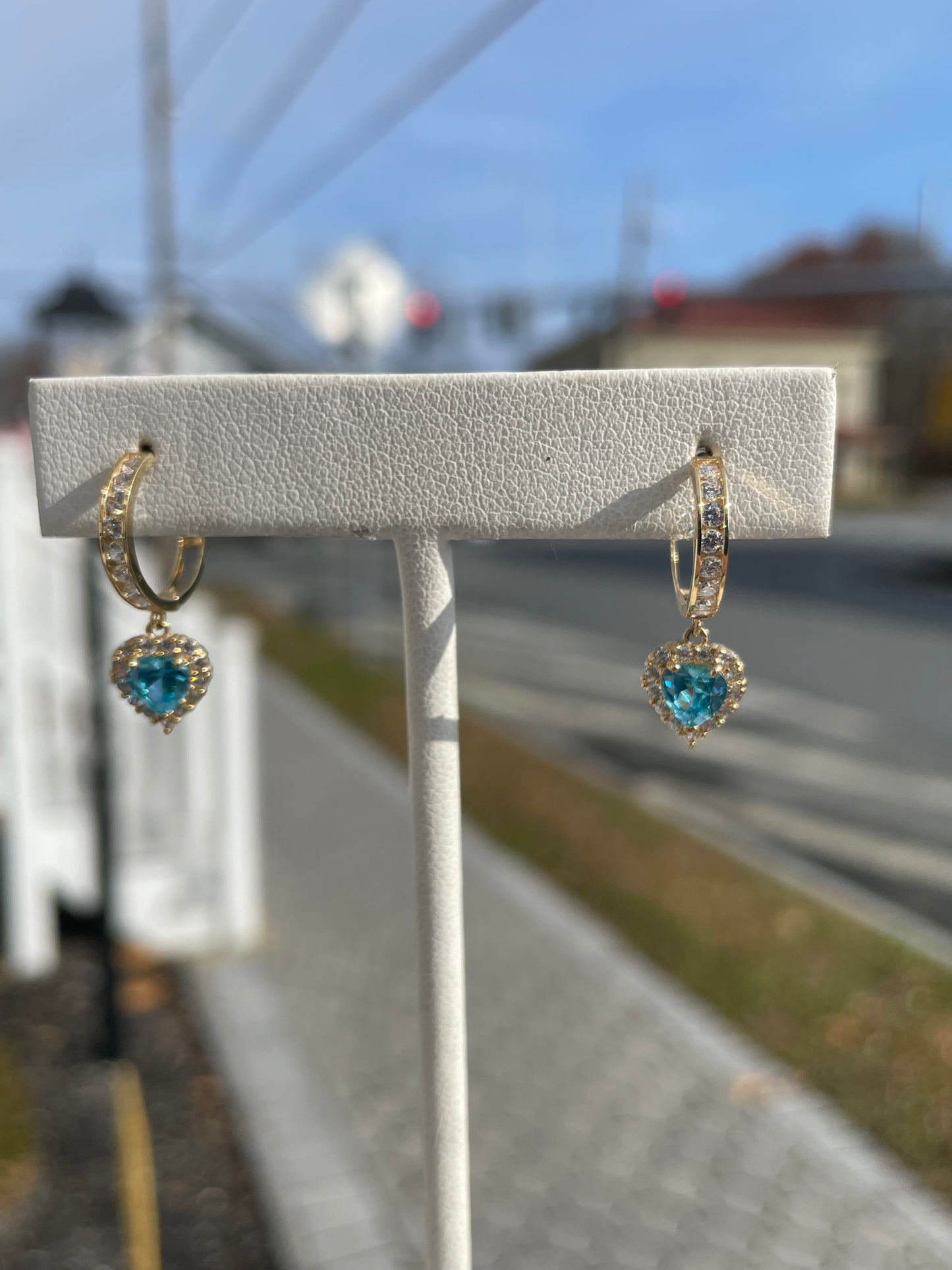 14k Gold Simulated Diamond & Blue Topaz Heart Dangle Huggie Hoop Earrings